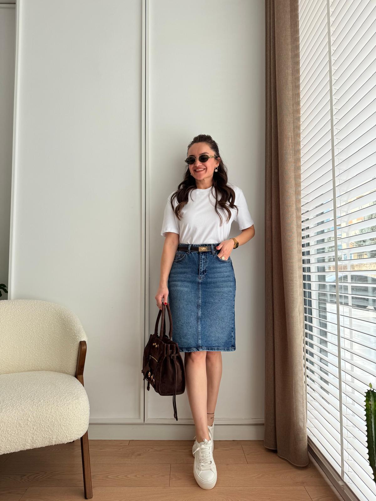 Mavi Cepli Denim Etek 1039