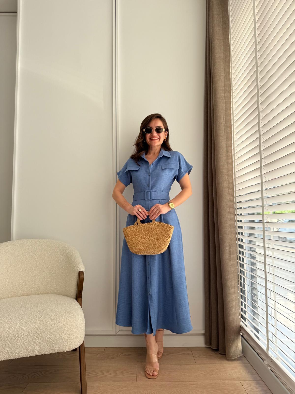 Mavi Cepli Kemerli Midi boy Gömlek Elbise 5153