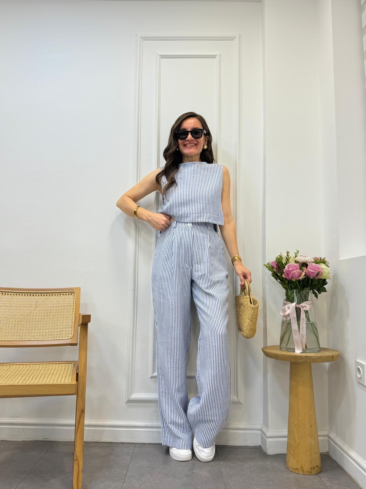Mavi Çizgili Bol Paça Pantolon Bluz Takım 58866