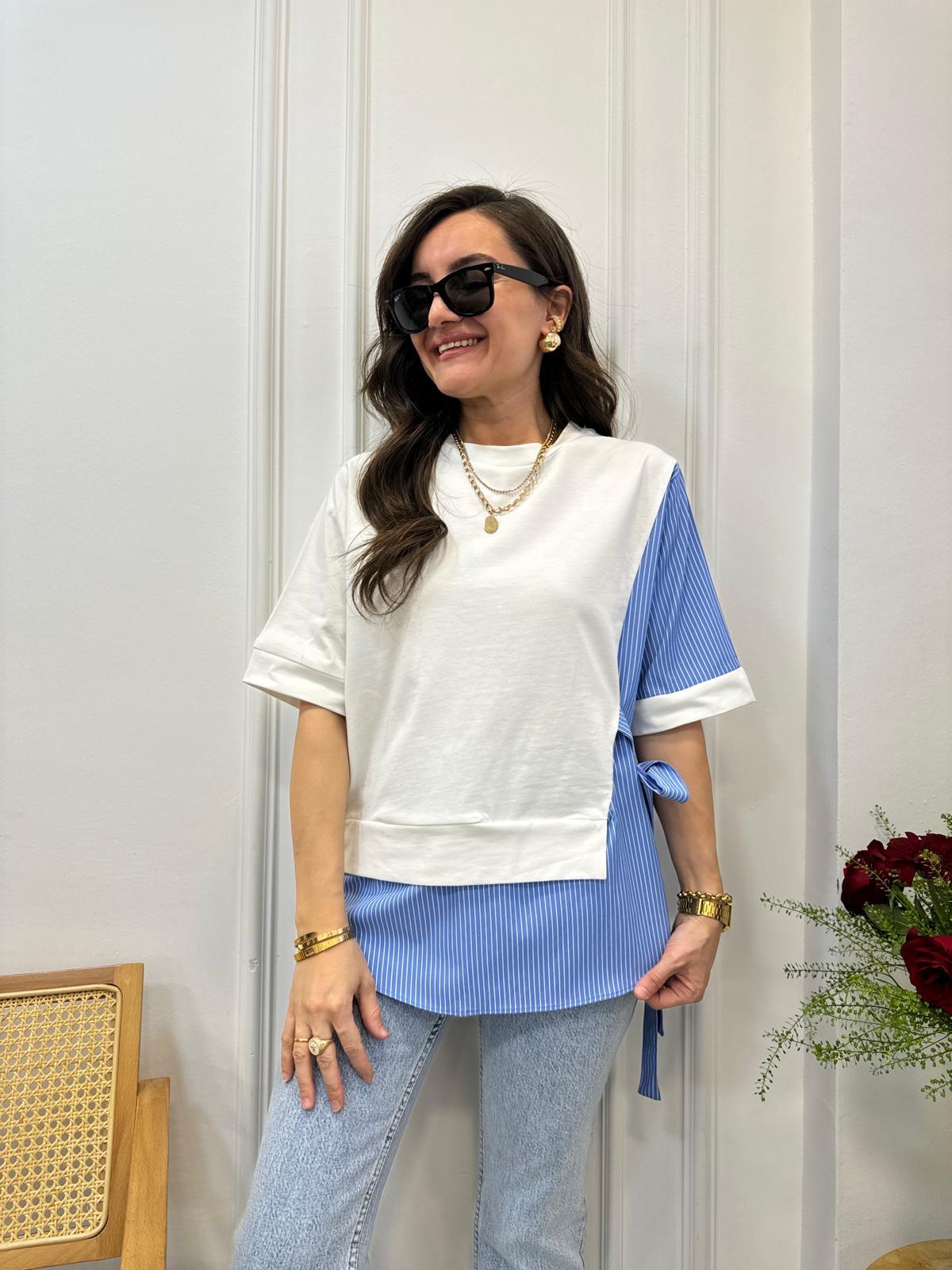 Mavi Çizgili Gömlek Detaylı Tasarım Bluz 2927