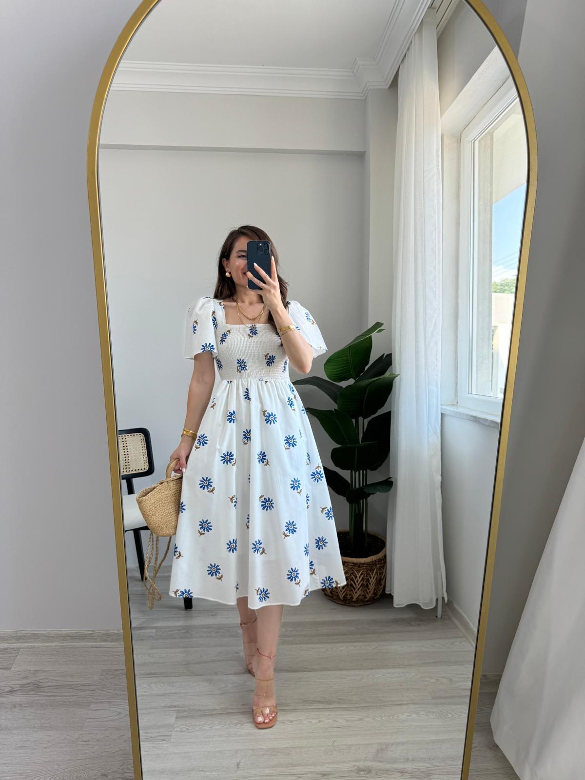 Mavi Desenli Gipeli Sırtı Bağcıklı Elbise 3111