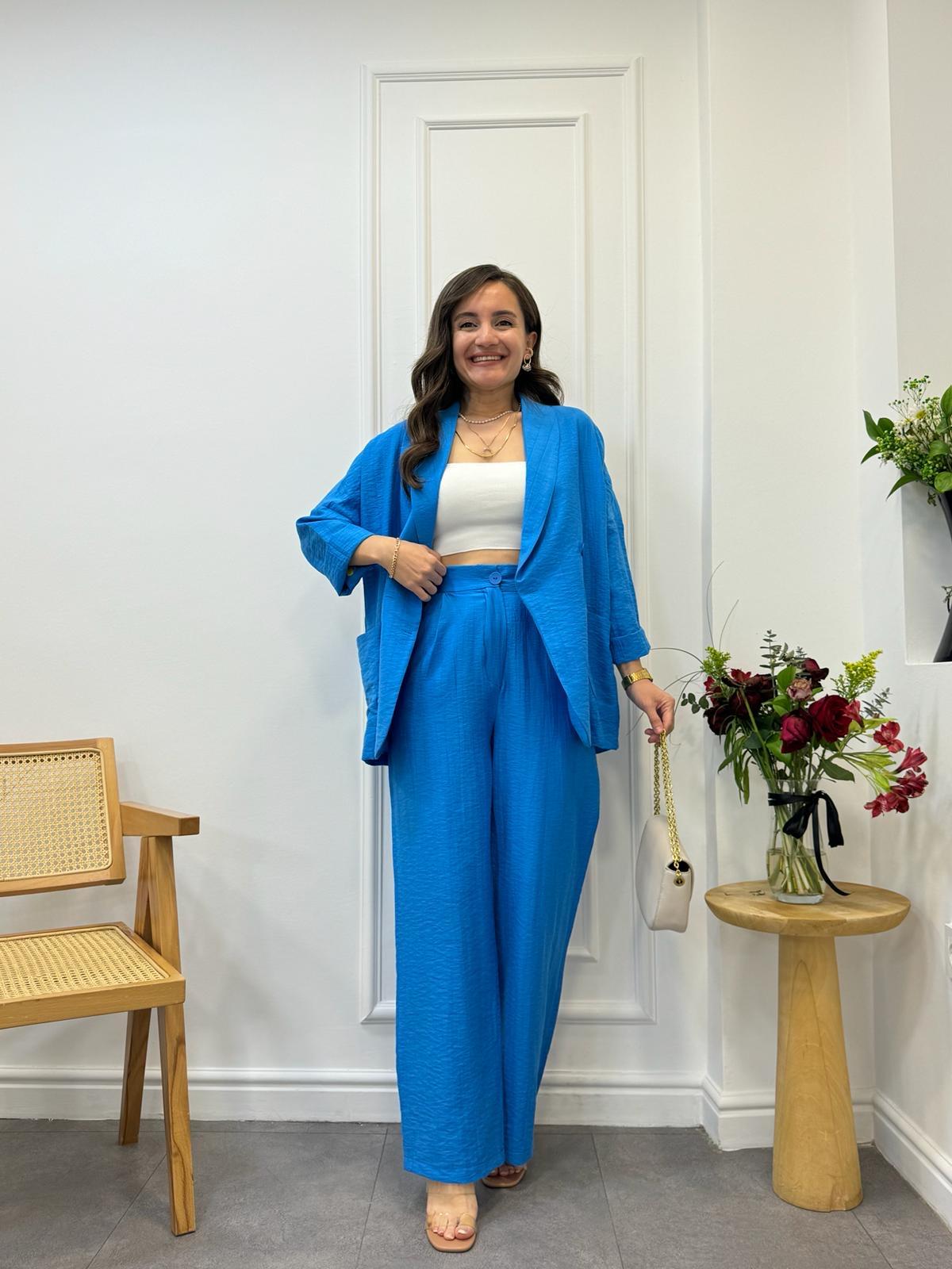 Mavi Dört Düğmeli Blazer Pantolon Keten Takım 9006