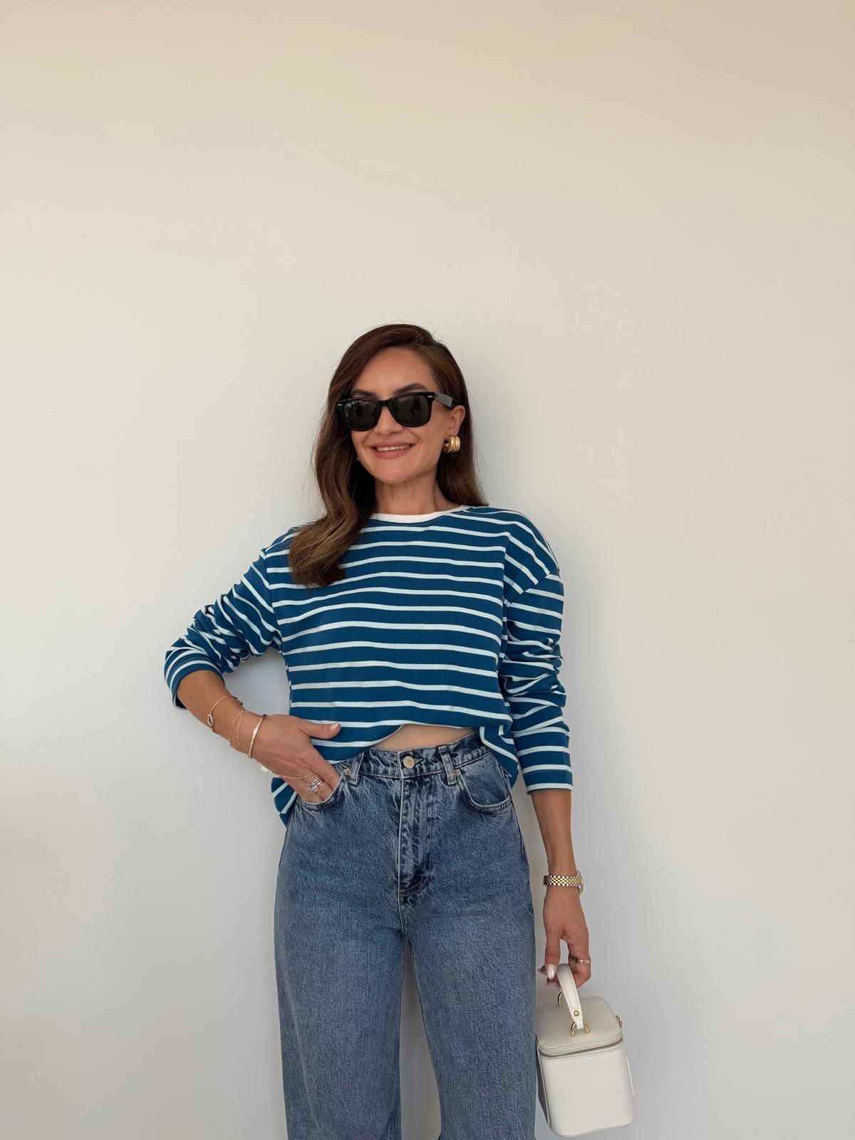 Mavi Ekru Çizgili Basic Sweatshirt 261147