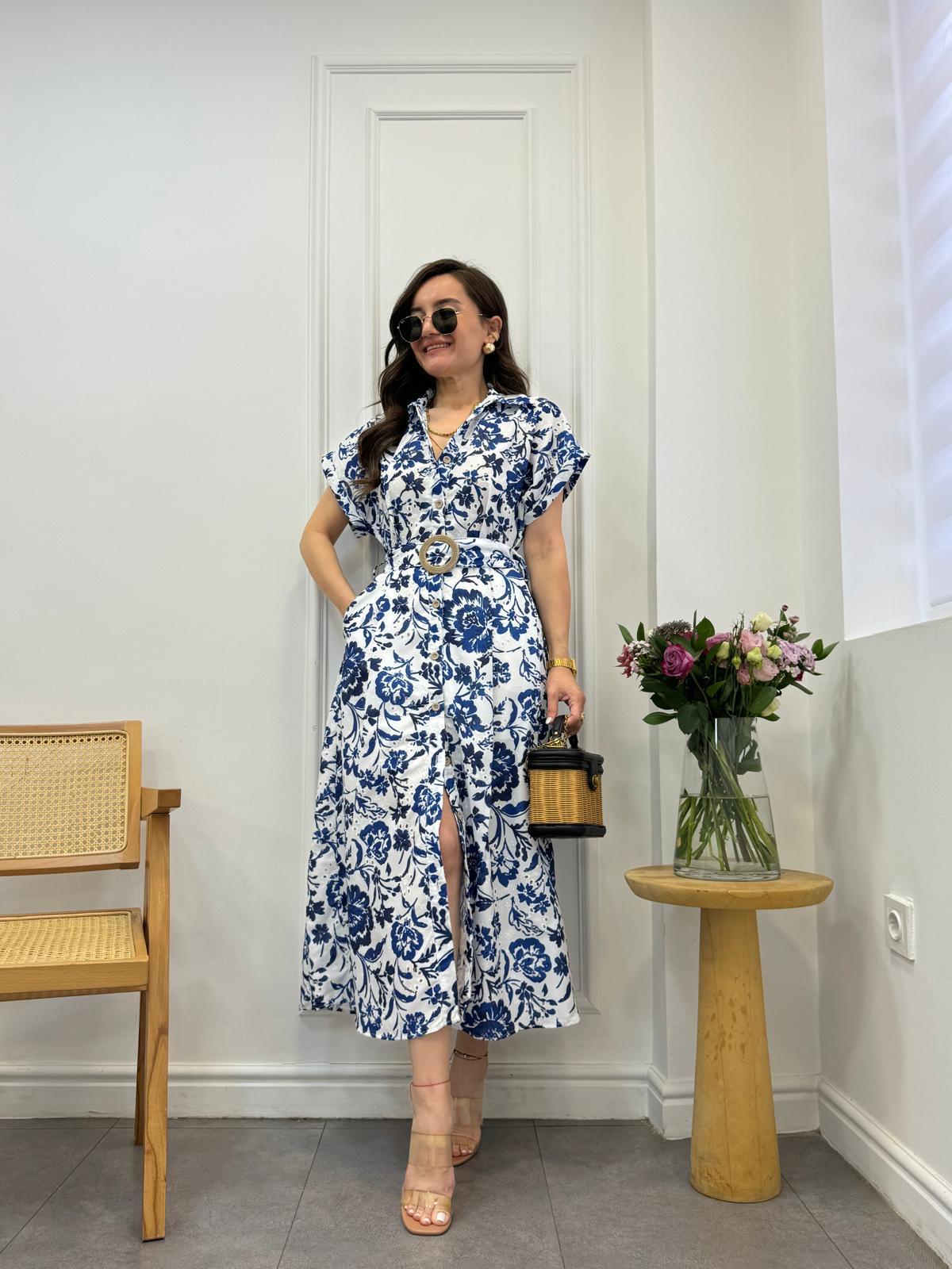 Mavi Fisto İşlemeli Desenli Kemerli Elbise 0014