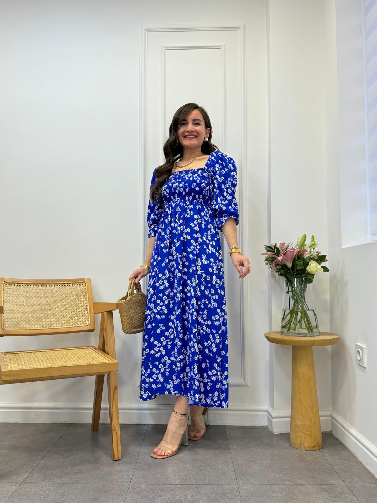 Mavi Göğüs Gipeli Çıtır Desen Elbise 3105