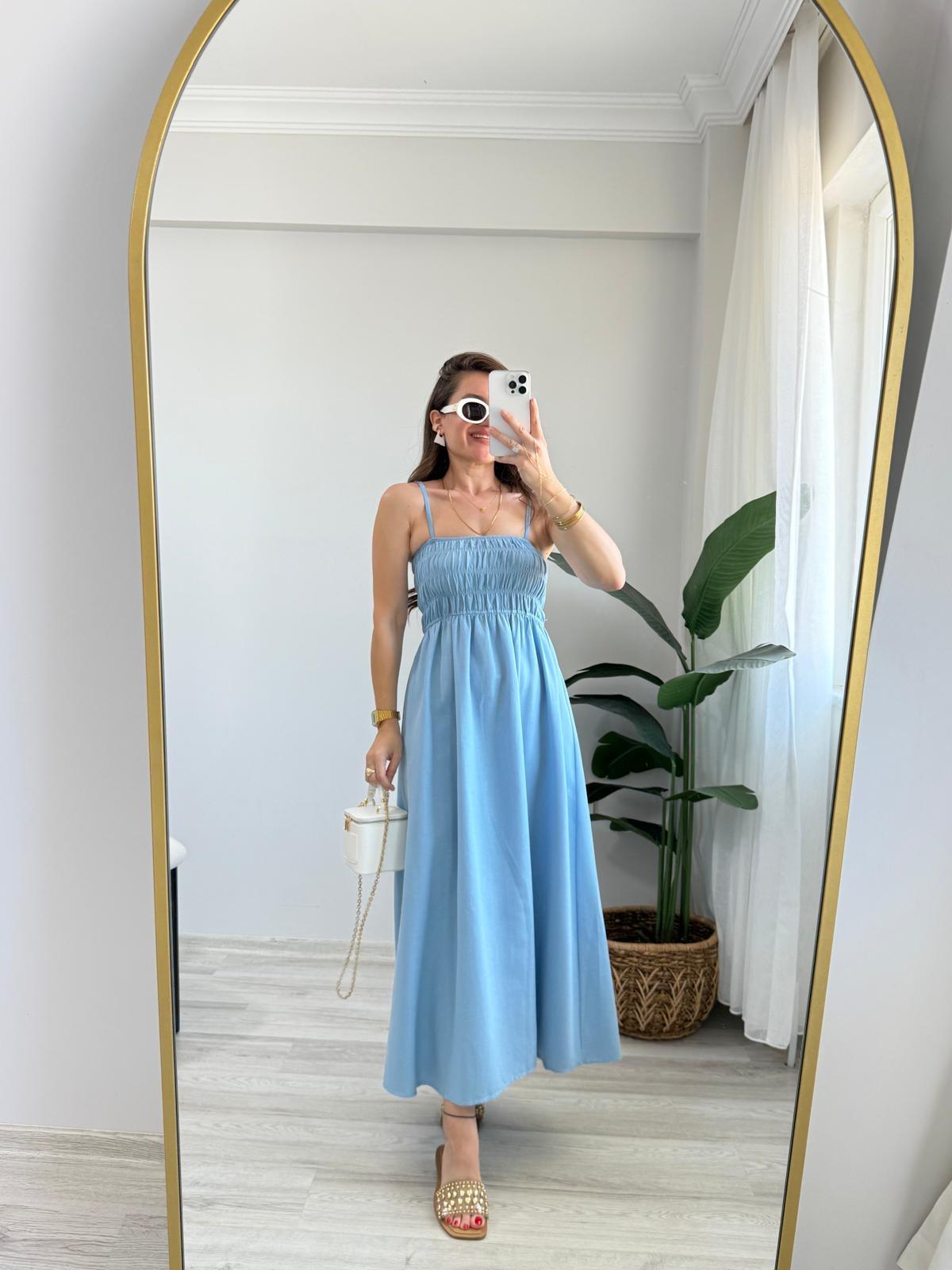 Mavi Gögüs Gipeli Keten Elbise 2310