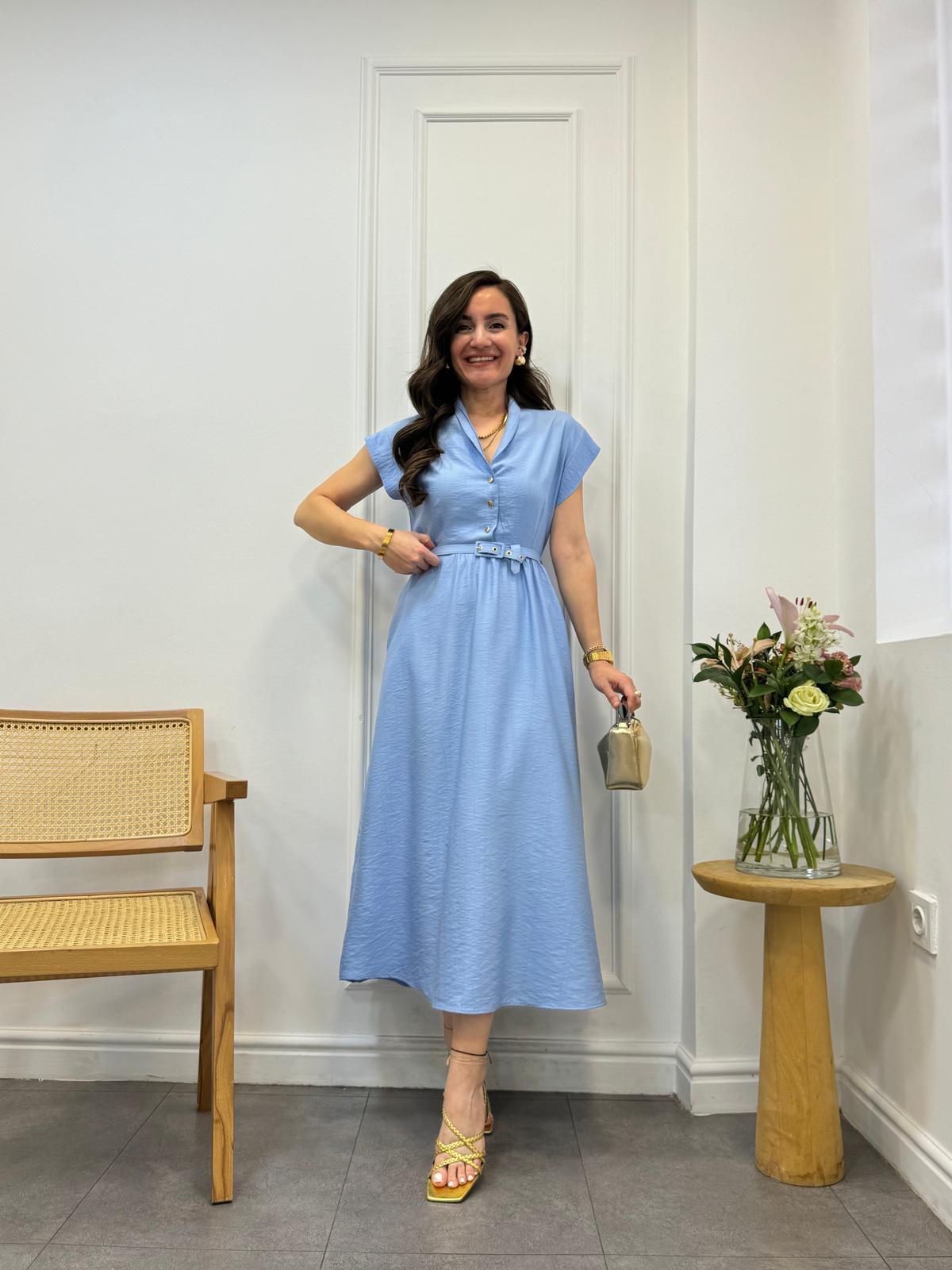 Mavi Gold Düğmeli Bel Lastikli Elbise 3440