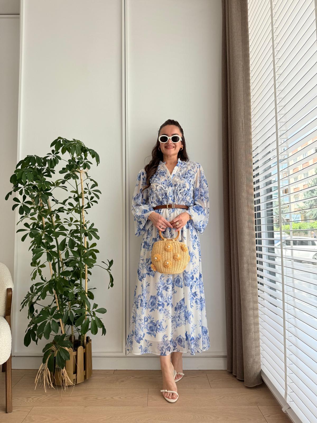 Mavi Gül Desenli Kemerli Şifon Elbise 8122