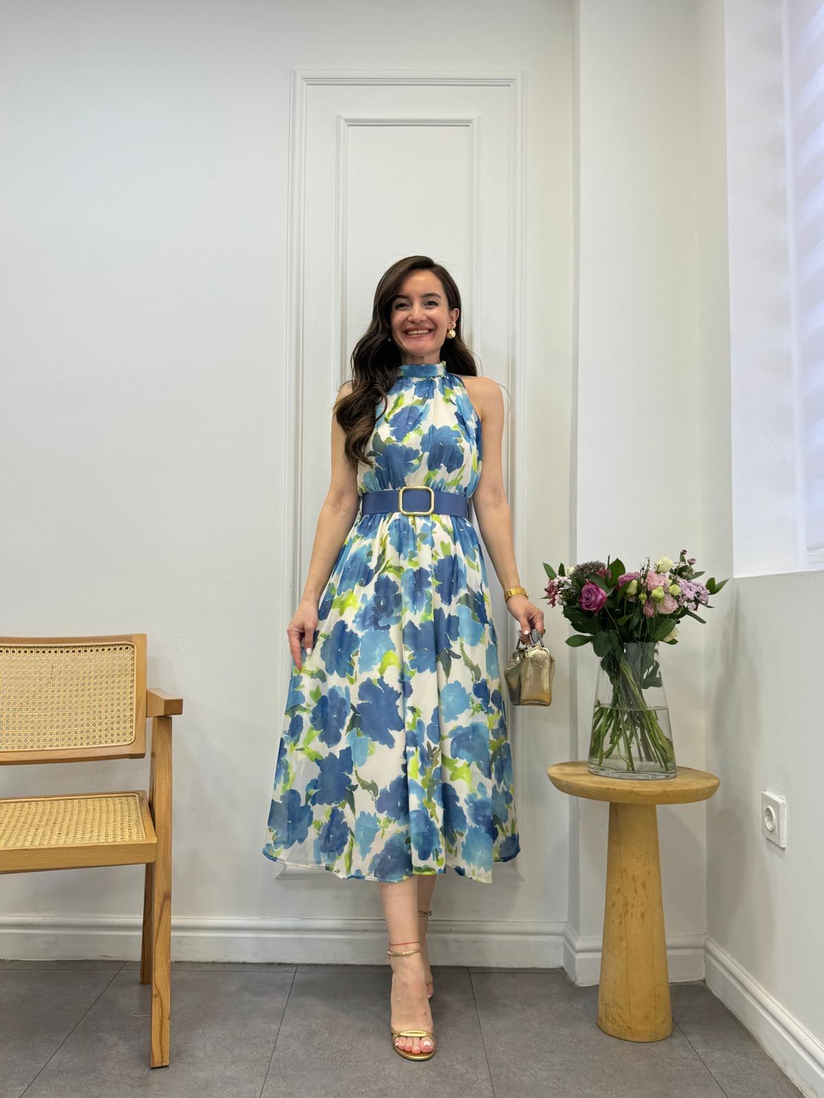 Mavi Halter Yaka Bel Lastikli Kemerli Elbise 3432