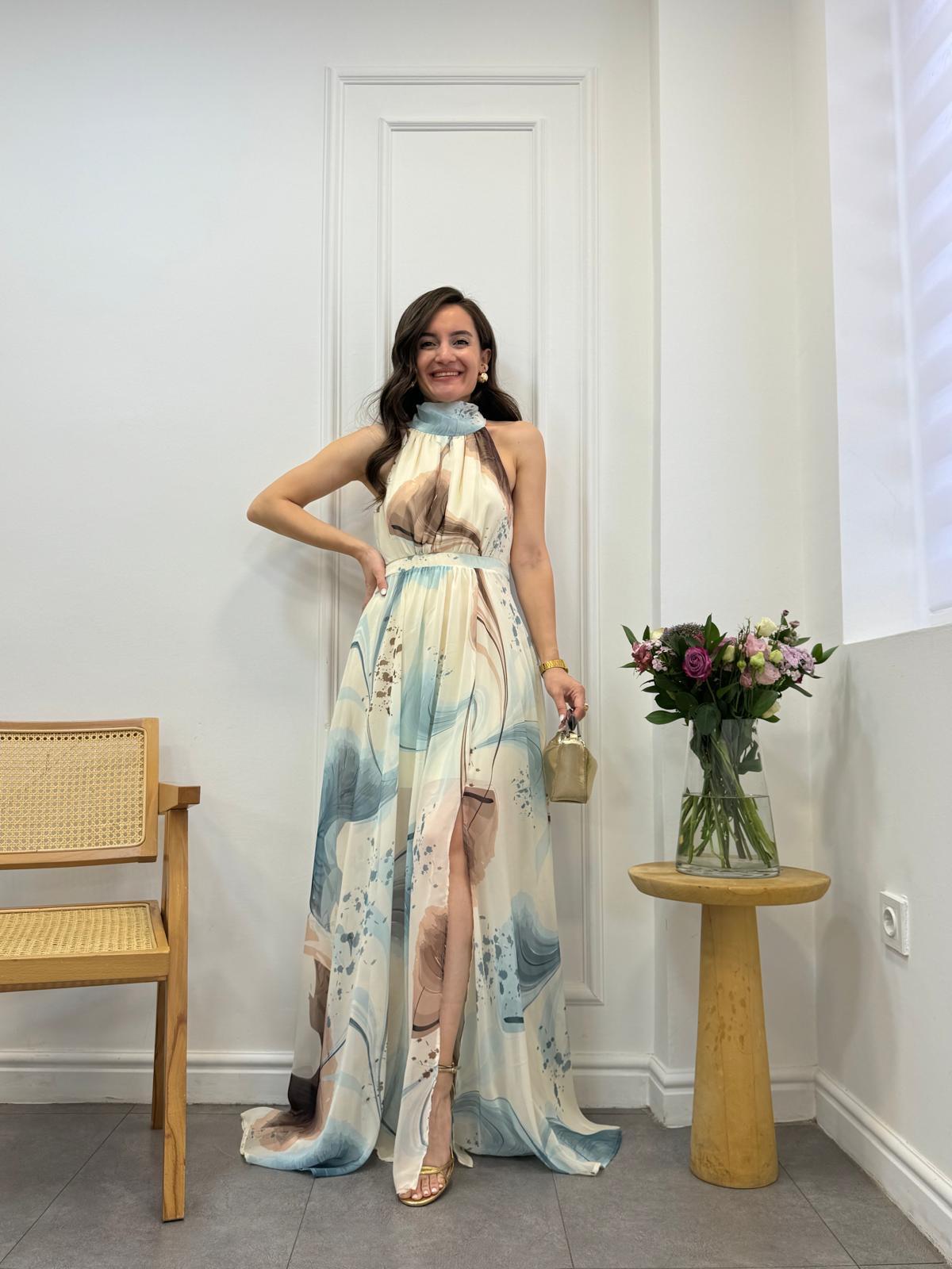 Mavi Halter Yaka Desenli Şifon Elbise 3242