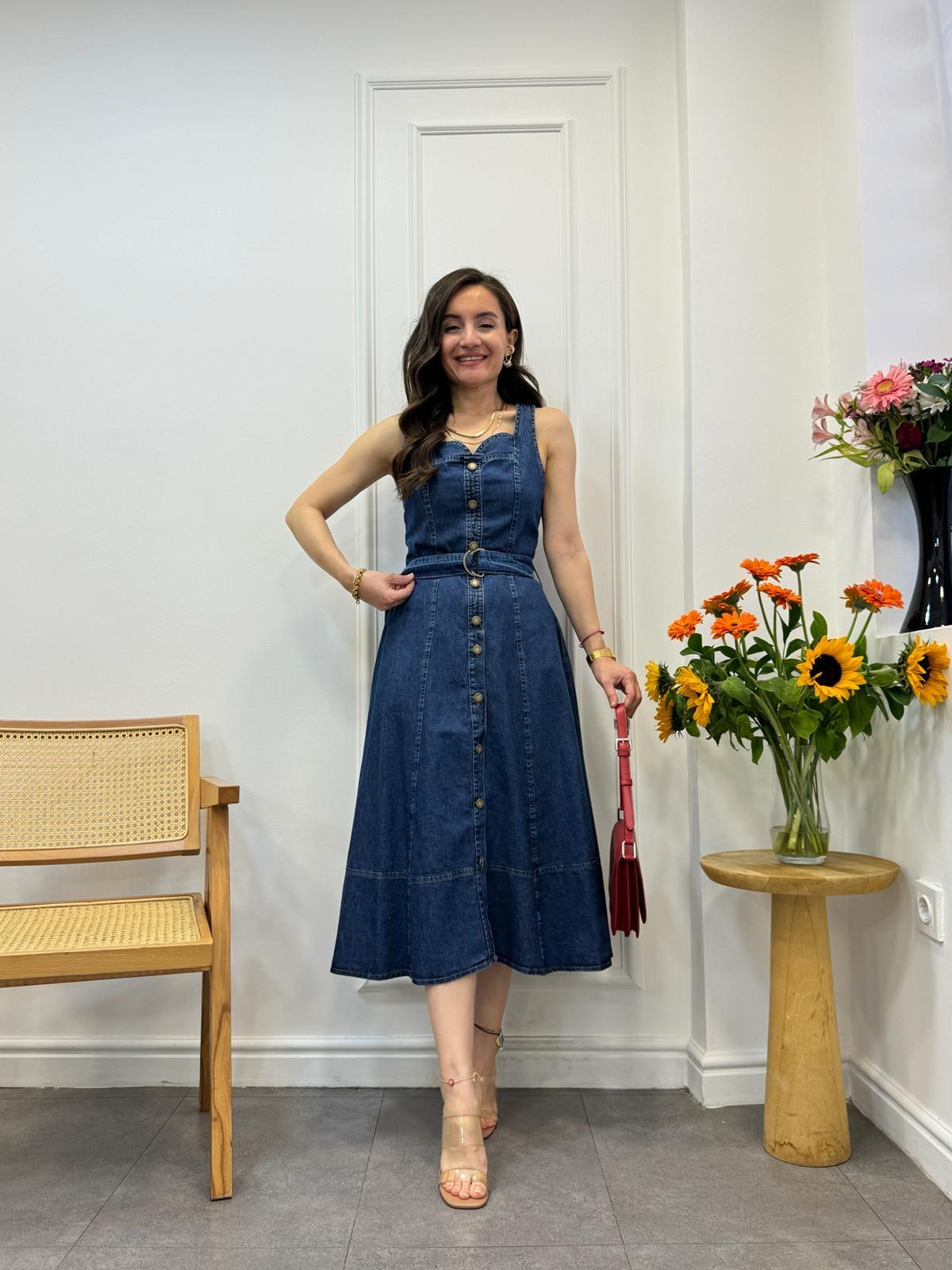 Mavi Kalp Yaka Kalın Askılı Jean Elbise 919