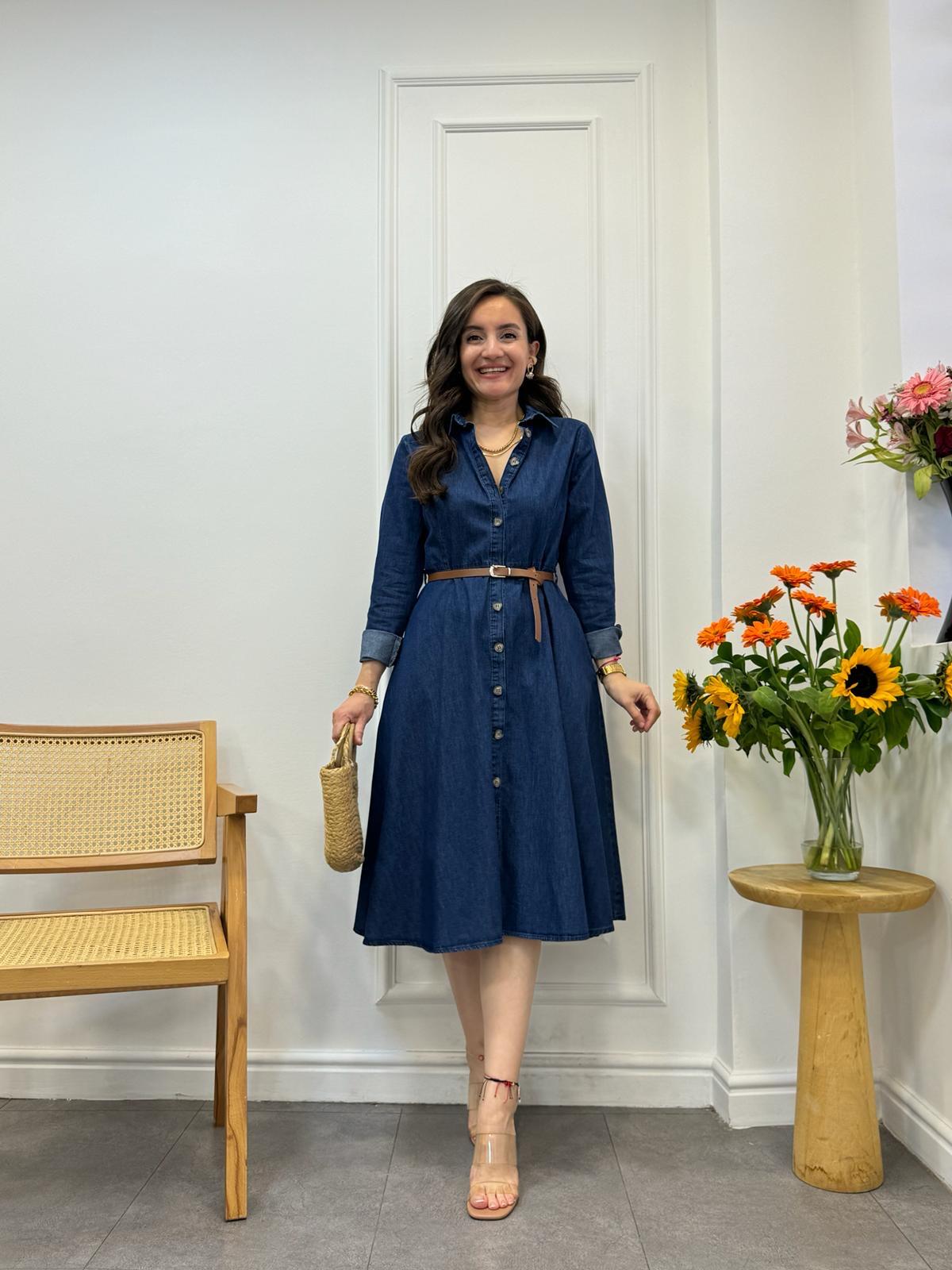 Mavi Kemerli Kot Gömlek Elbise 8907