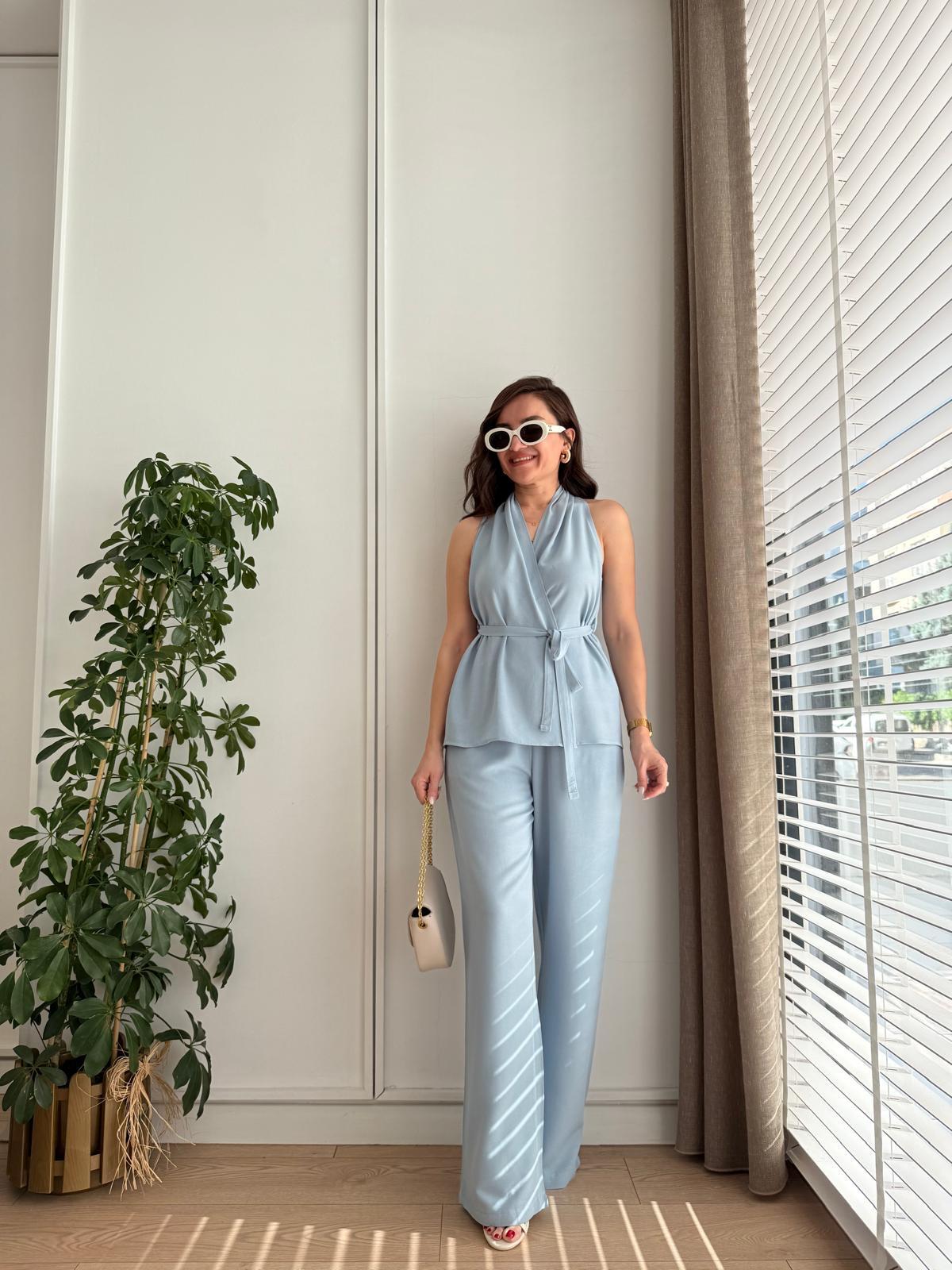 Mavi Keten Bağlamalı Yelek Pantolon Takım 0243