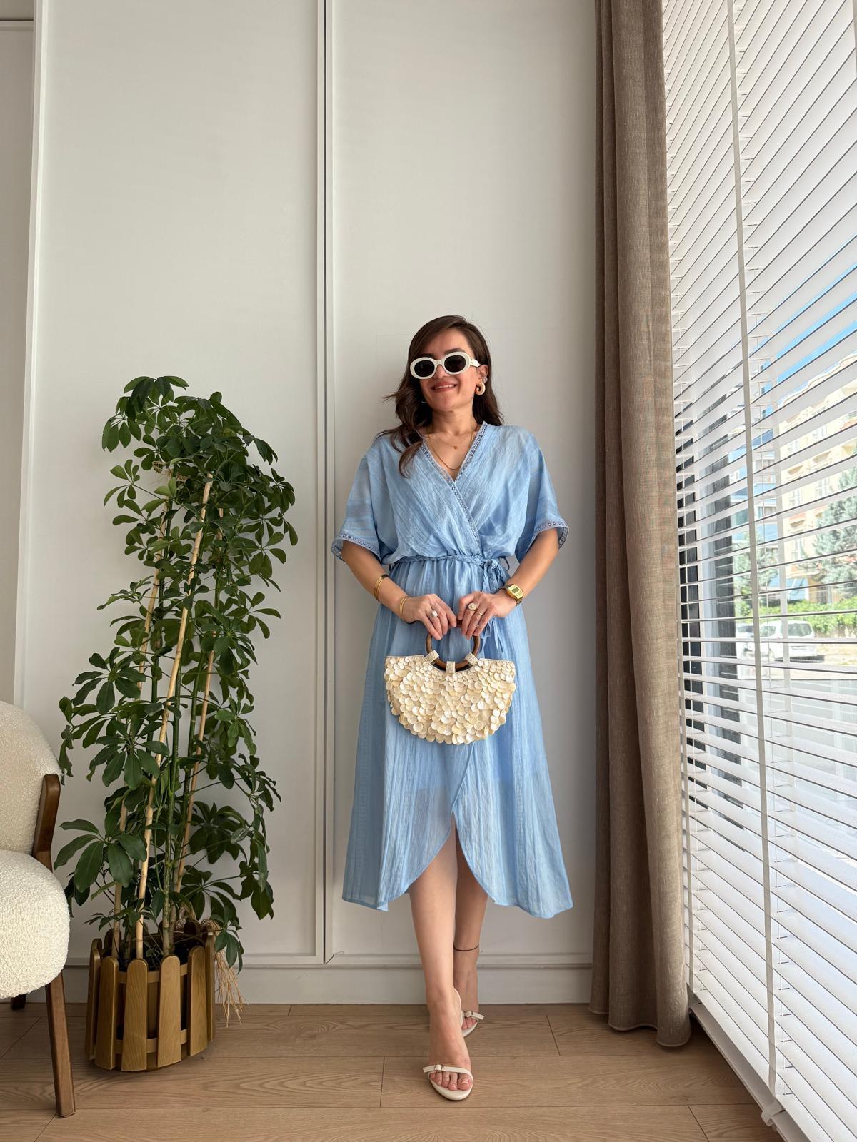 Mavi Kruvaze Yaka İç Astarlı Tasarım Elbise 584