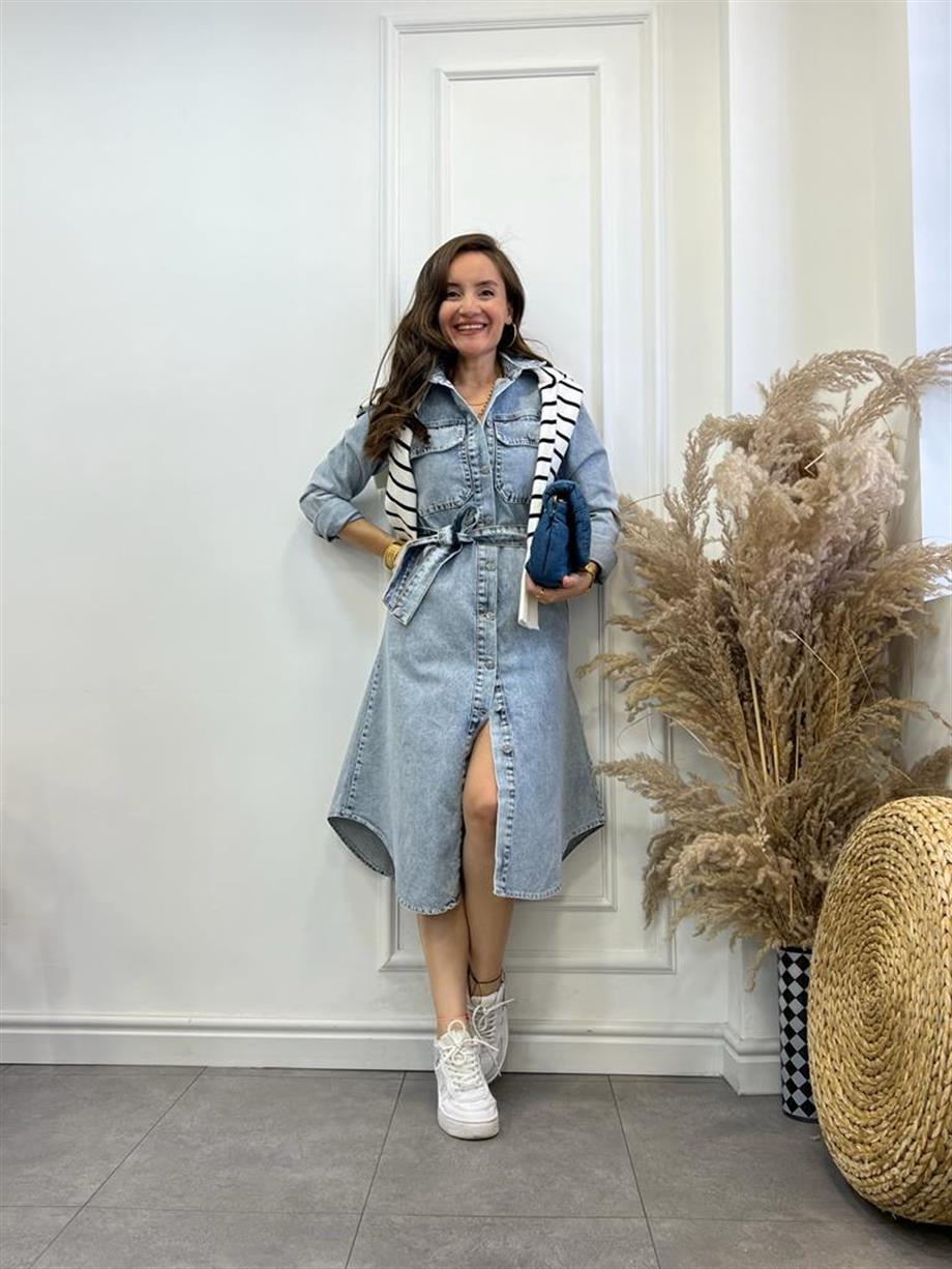 Mavi Kuşaklı Düğmeli Kot Elbise 9794