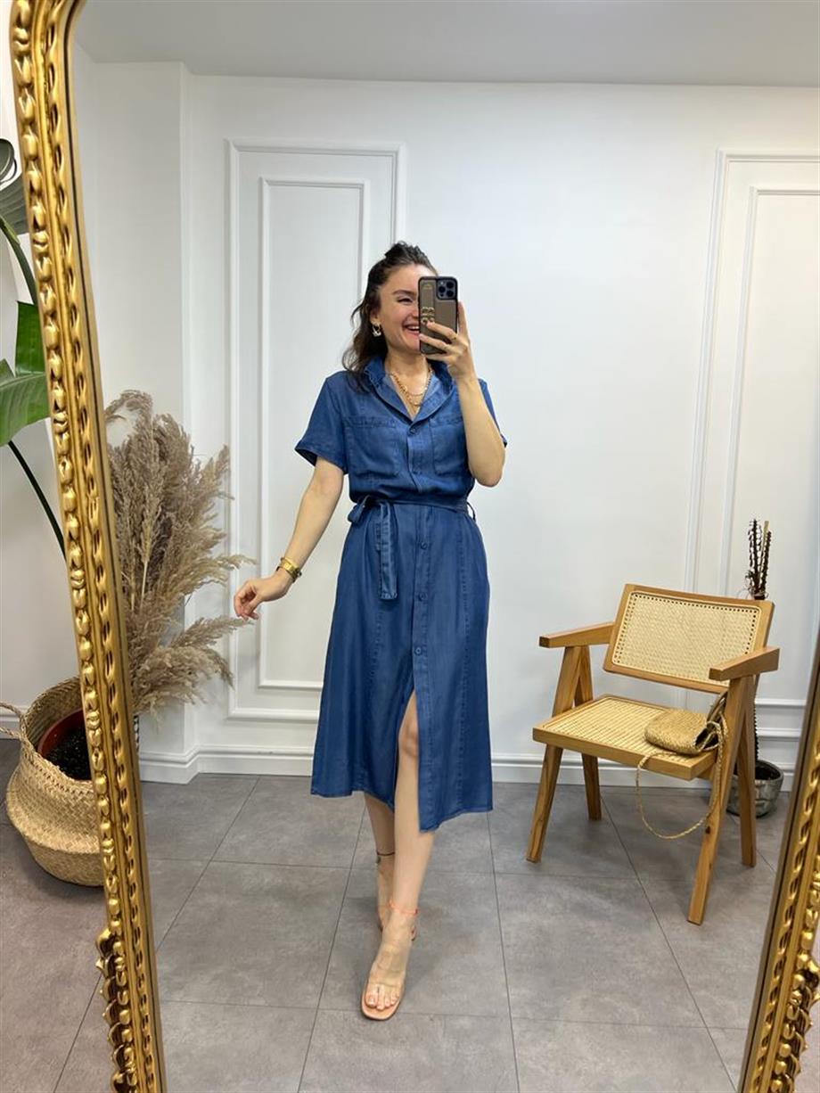 Mavi Kuşaklı Tensel Kumaş Gömlek Elbise 8973