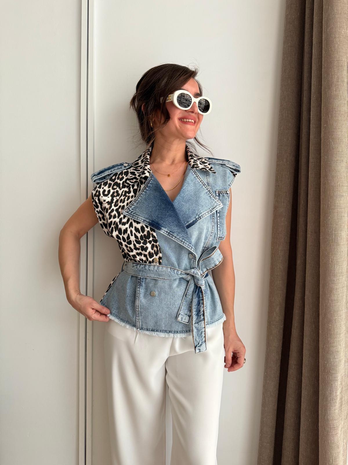 Mavi Leopar Desen Kuşaklı Tasarım Yelek 2514