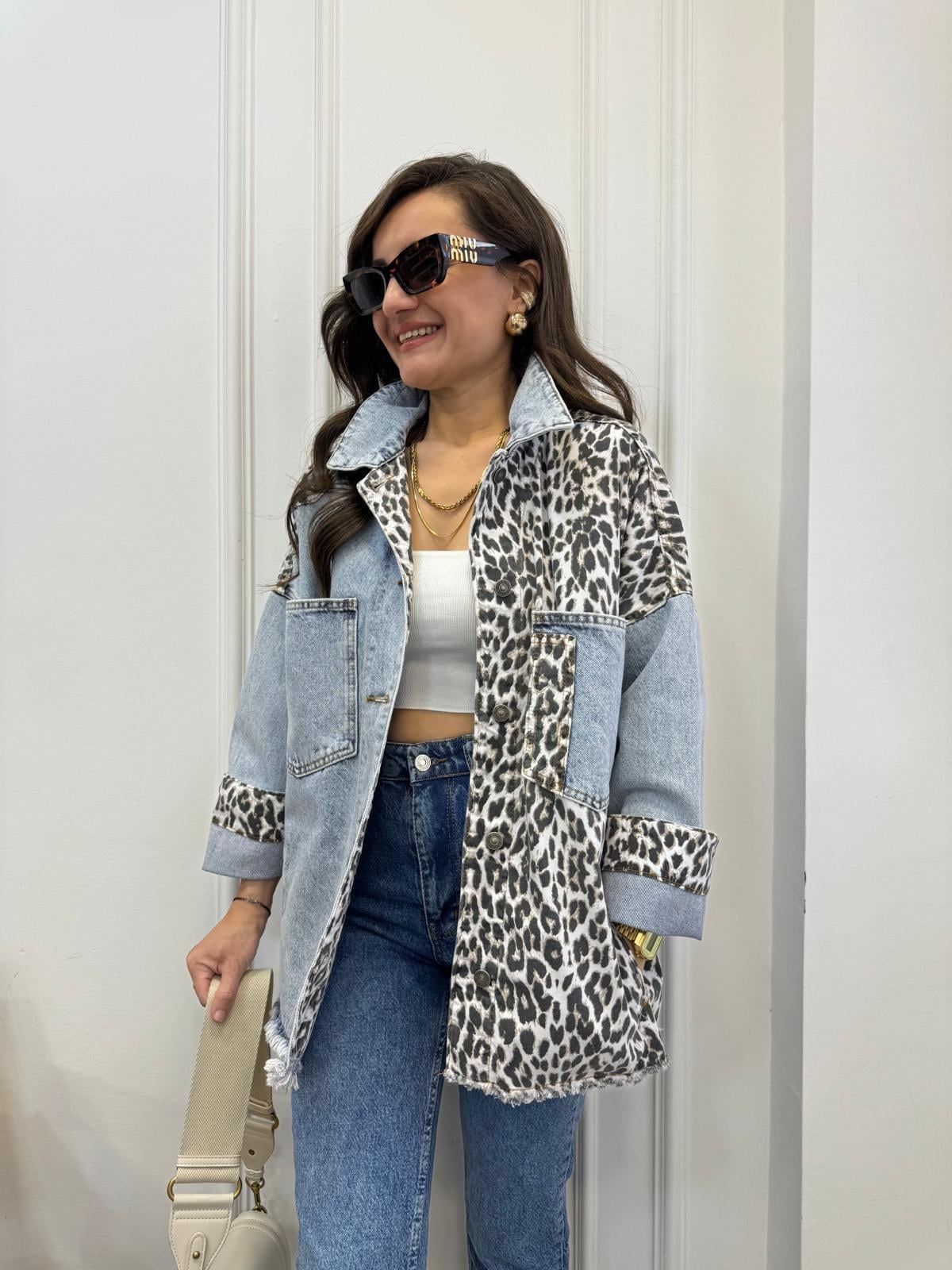 Mavi Leopar Desenli Cepli Kot Ceket 2741