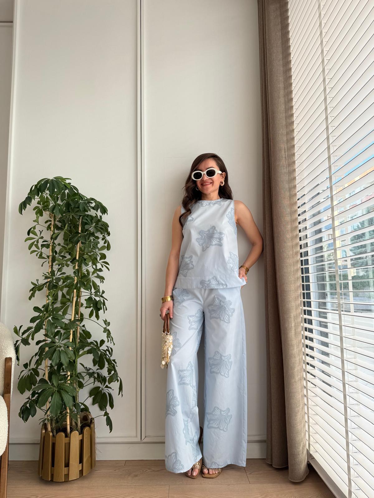 Mavi Nakış Detaylı Bluz Pantolon Takım 16871