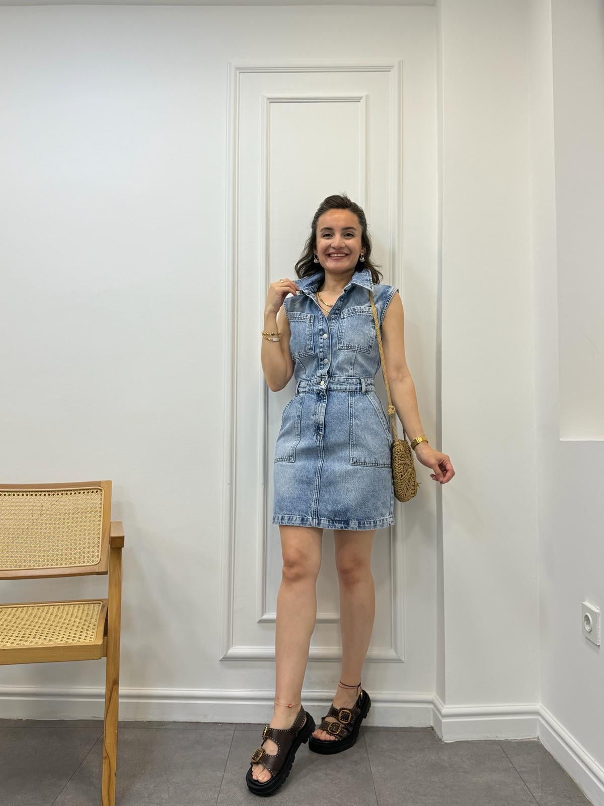 Mavi Önü Cep Detaylı Sıfır Kol Kot Elbise 24572