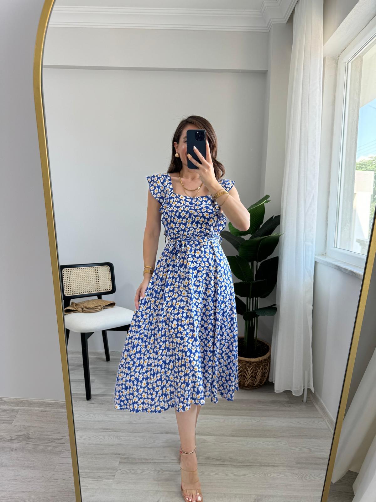 Mavi Papatya Desenli Sırt Gipeli Elbise 3008