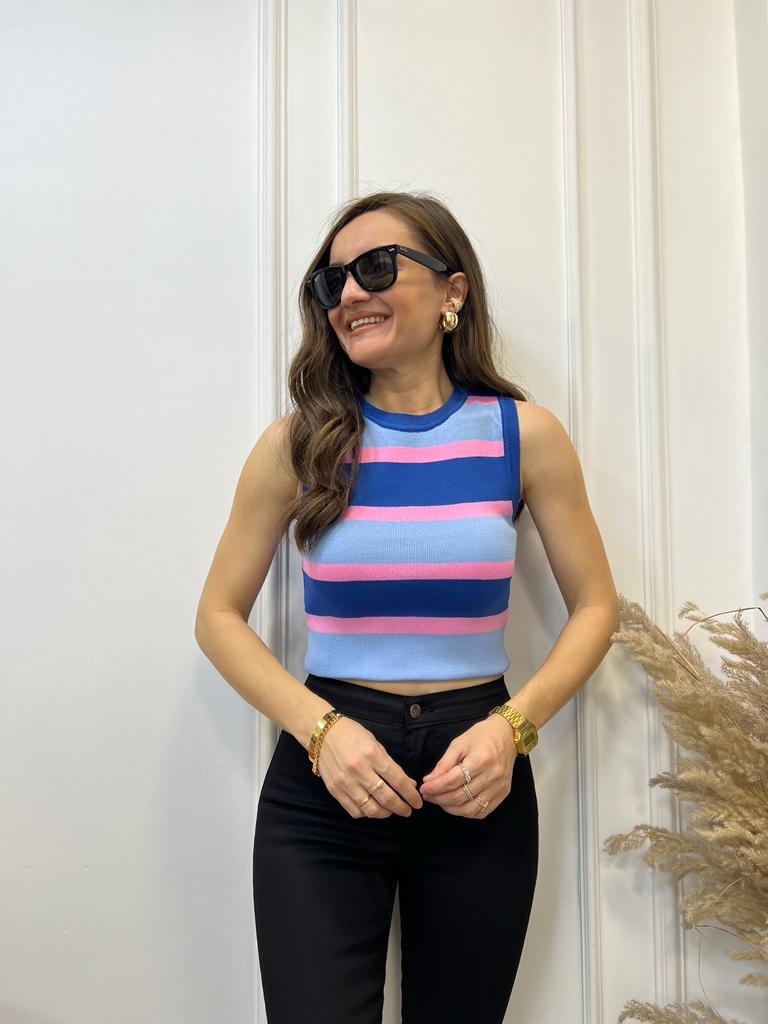 Mavi Pembe Bisiklet Yaka Sıfır Kol Triko Atlet 3400