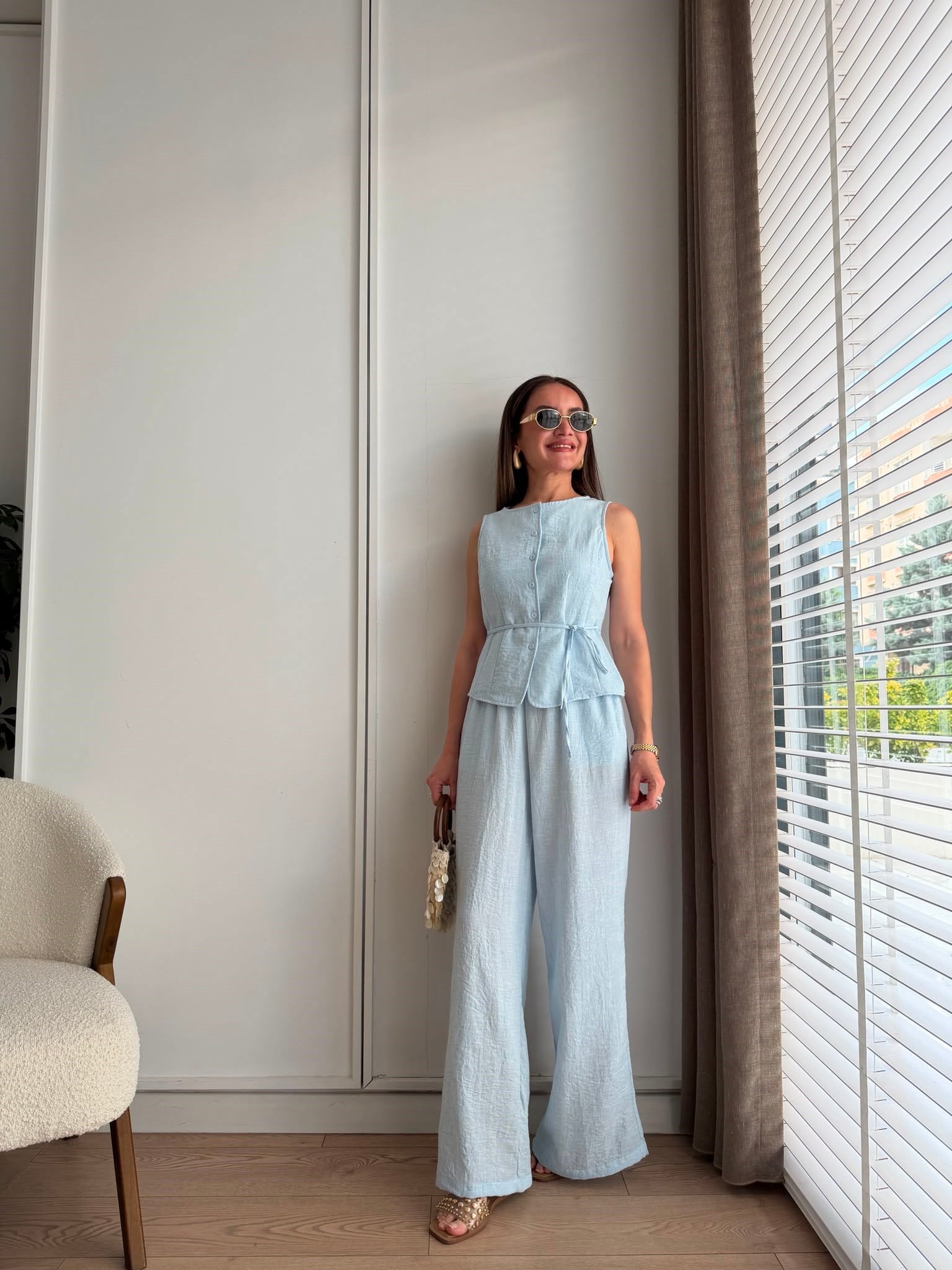 Mavi Pens Detaylı Arkadan Bağlamalı Müslin Takım 580992