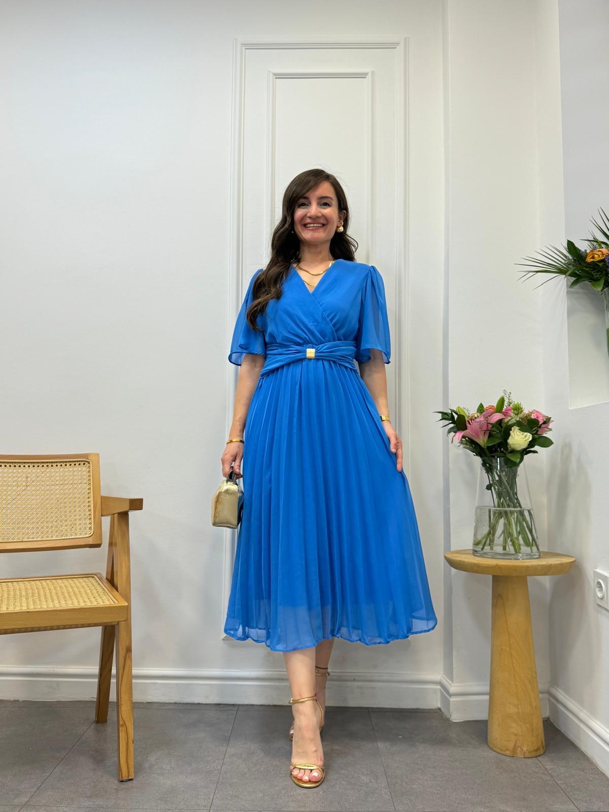 Mavi Piliseli Bel Detaylı Şifon Elbise 3498