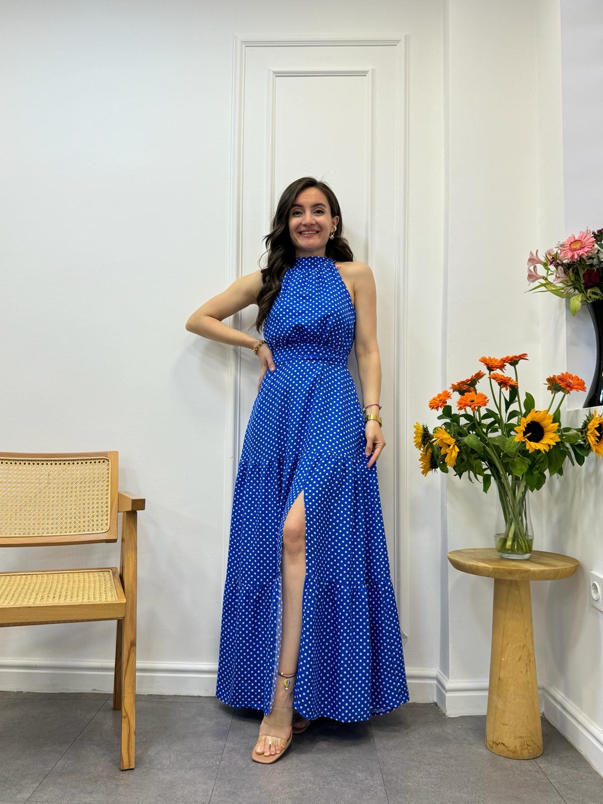 Mavi Puantiyeli Halter Yaka Elbise 4233
