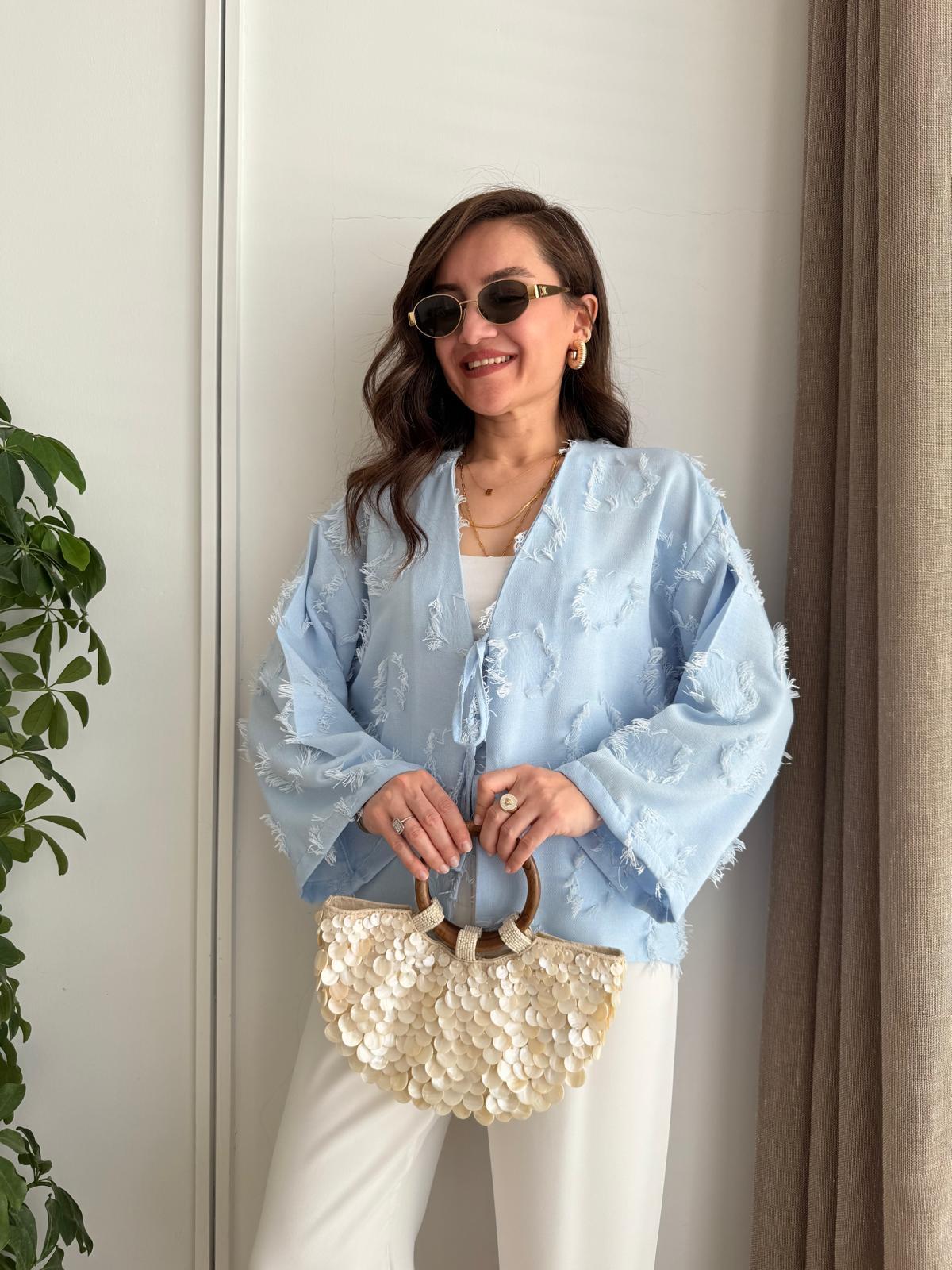 Mavi Püskül Detaylı Ön Bağlamalı Kimono 7012
