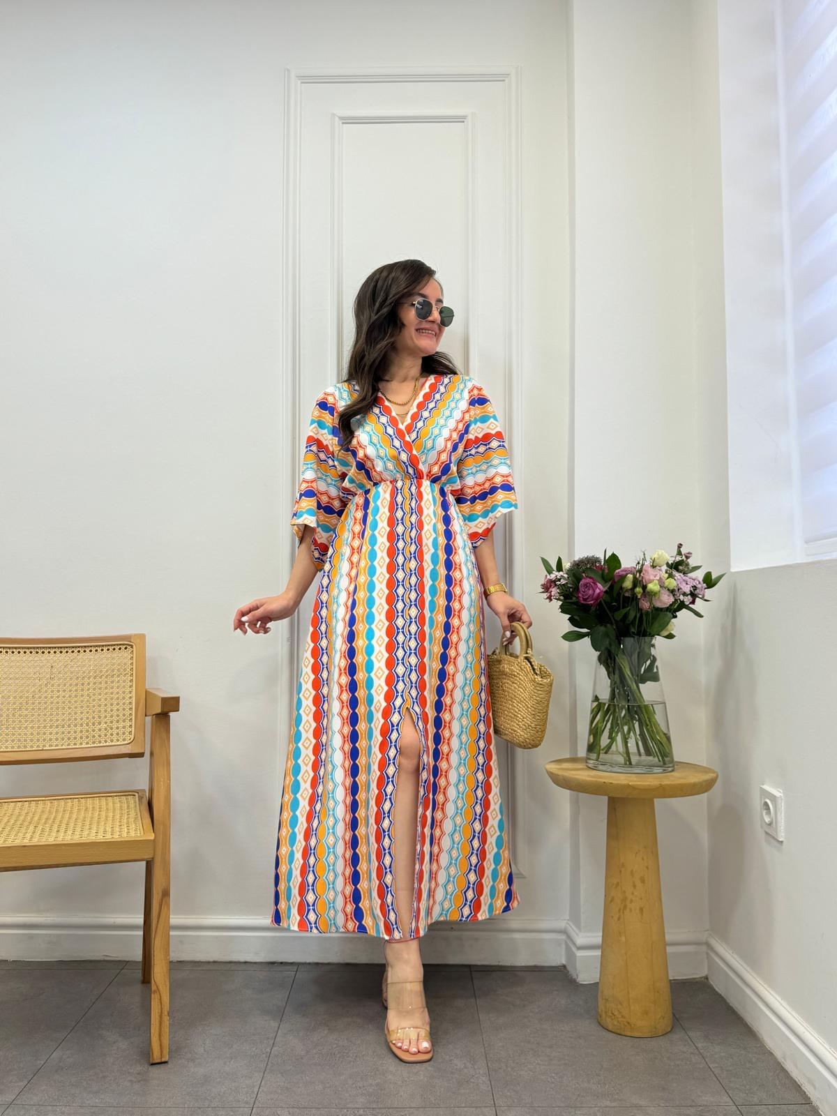 Mavi Renkli Desenli Bel Lastikli Elbise 3154