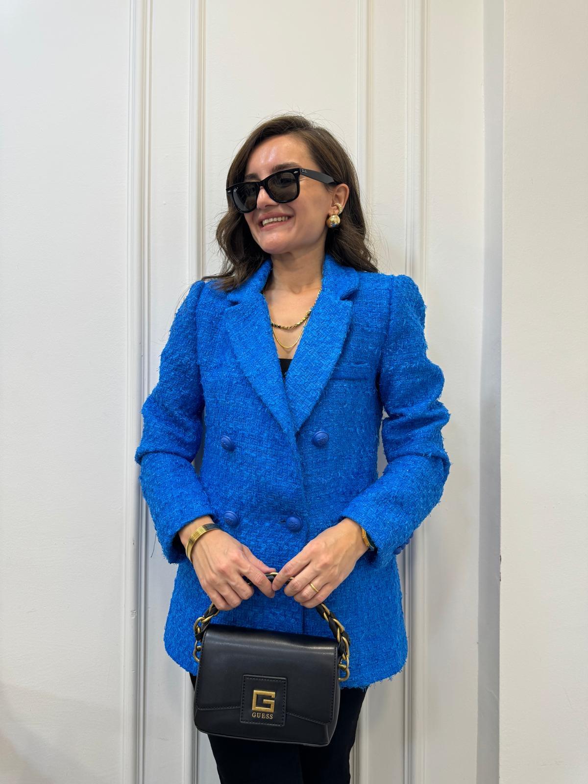 Mavi Simli Cep Detaylı Tüvit Blazer Ceket 02067