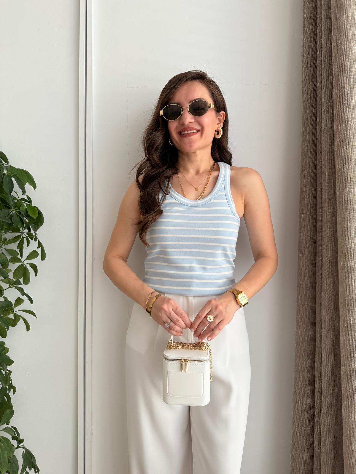 Mavi U Yaka Çizgili Uzun Atlet 16822