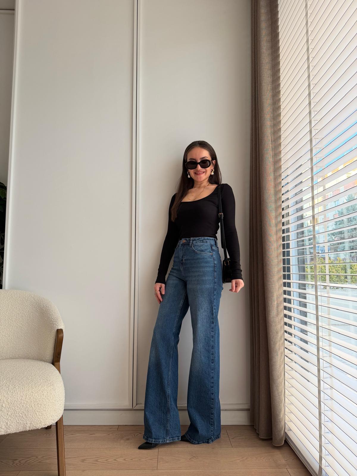 Mavi Yüksek Bel Geniş Paça Jean 7596