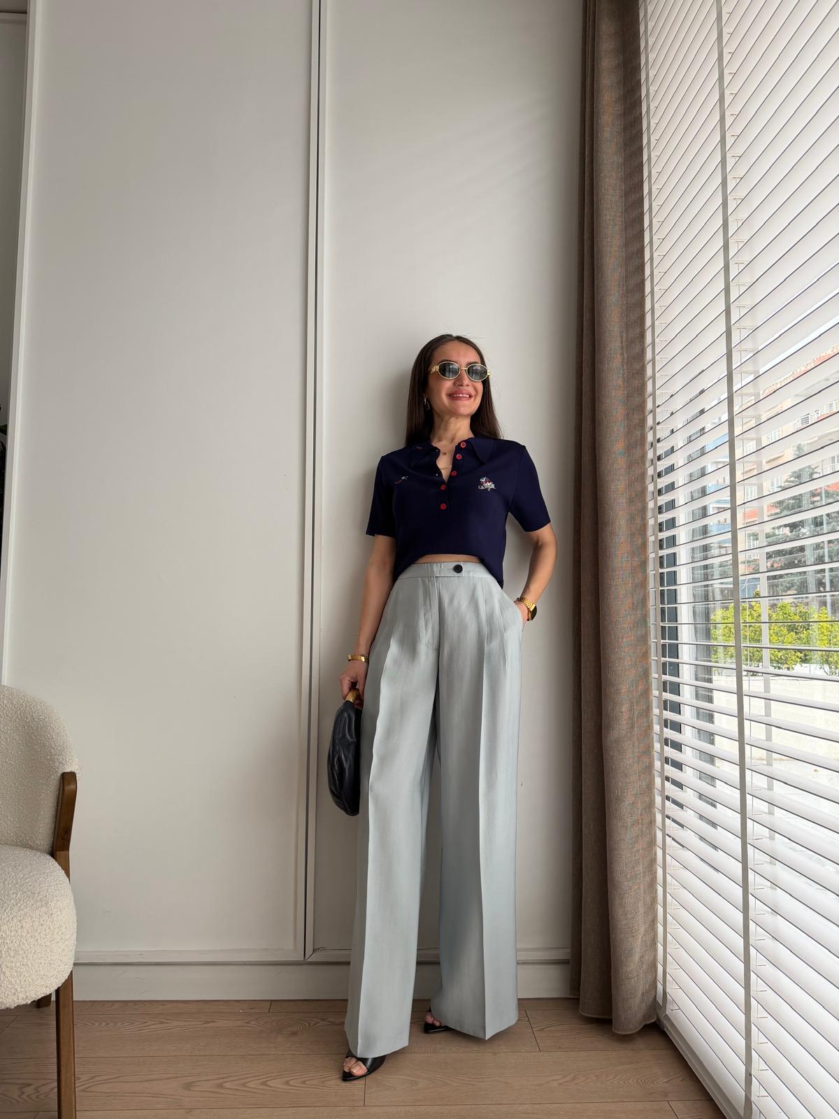 Mint mavi Yüksek Bel Pile Detaylı Palazzo Pantolon 265201