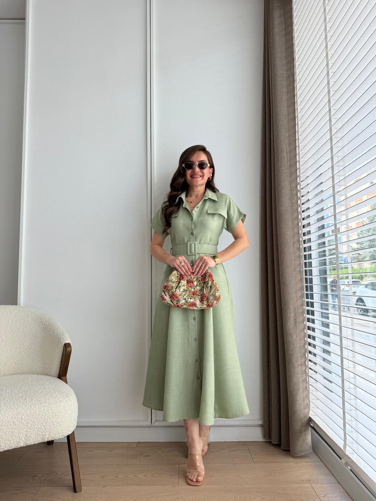 Mint yeşili Cepli Kemerli Midi boy Gömlek Elbise 5153