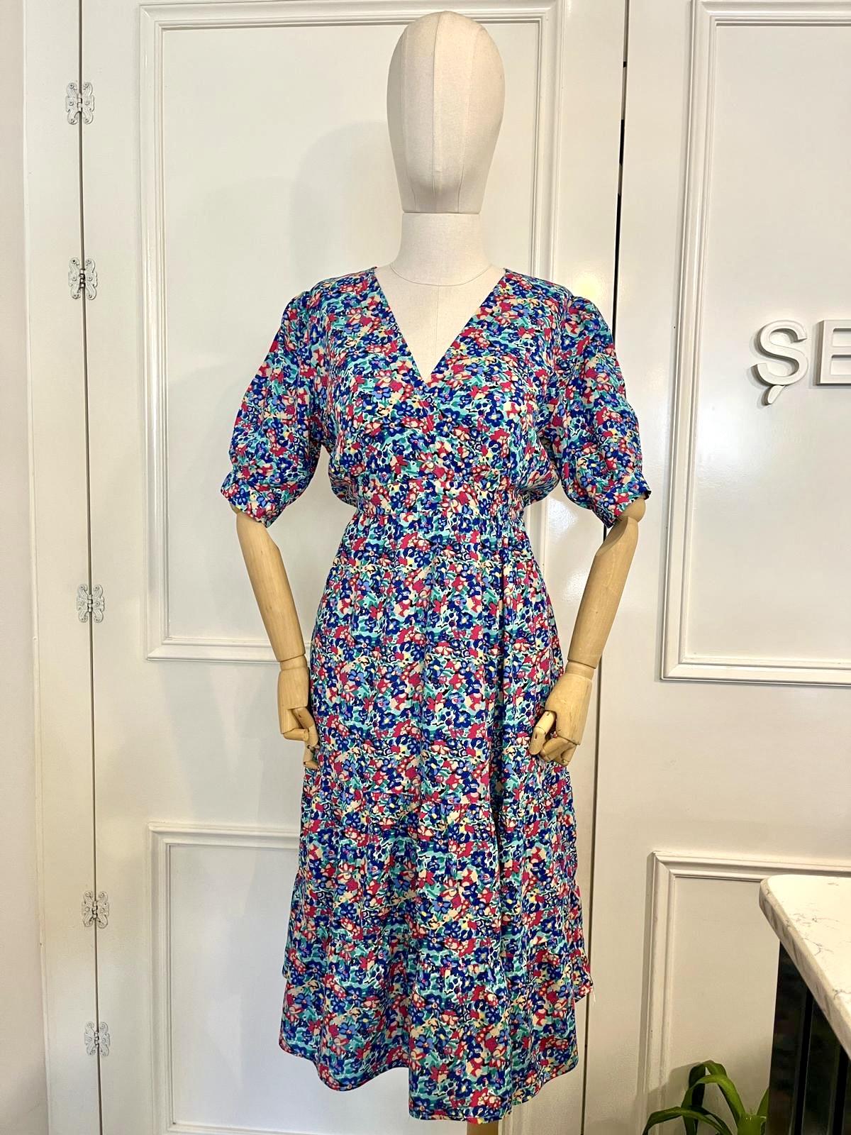 Mint yeşili Desenli Kravuze Yaka Kısa Kol Viskon Elbise 5843