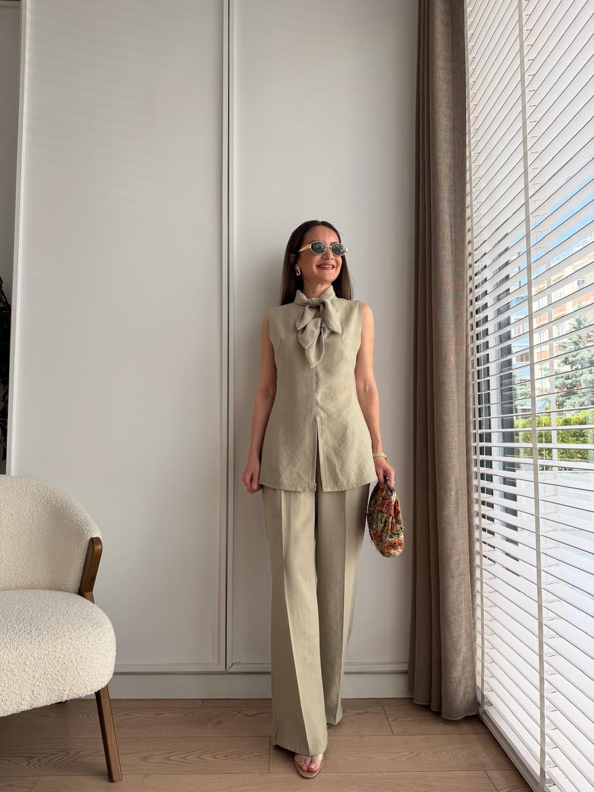 Mint yeşili Fiyonklu Bluz Pantolon Tensel Takım 9030