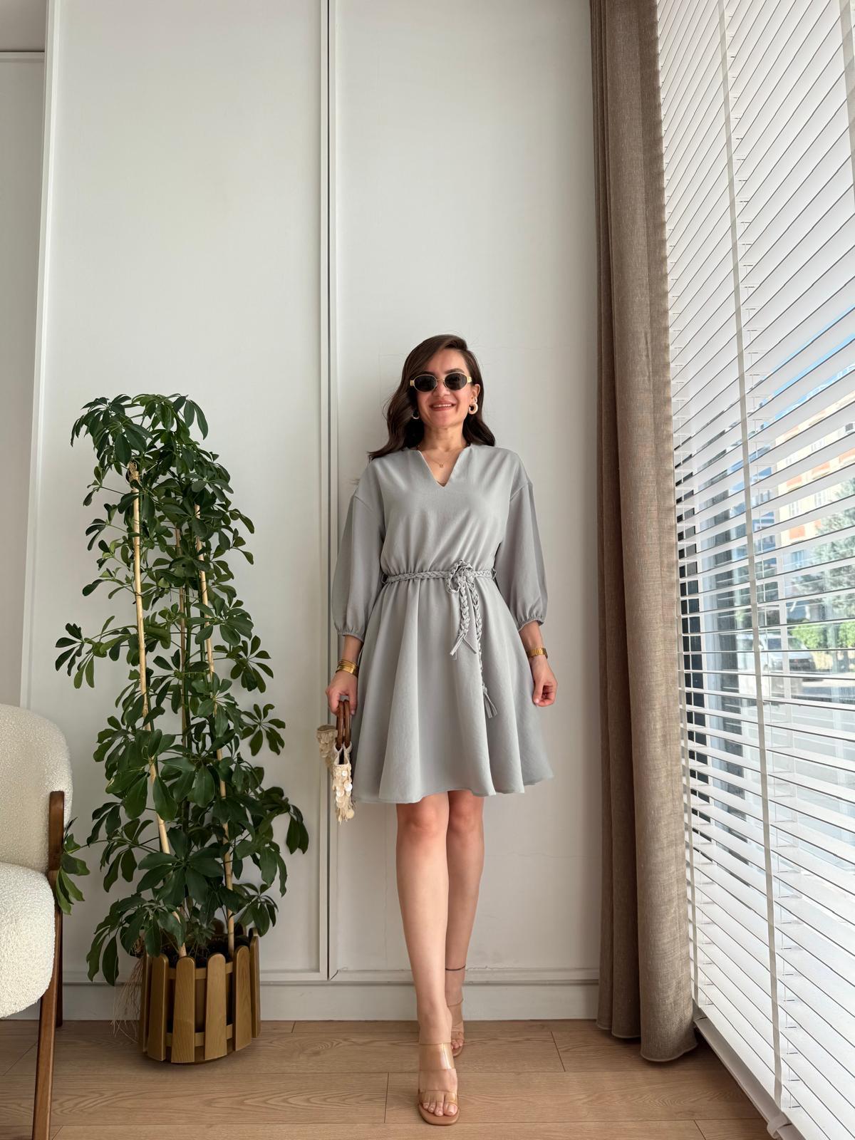 Mint yeşili V Yaka Örgü Kemerli Elbise 34467