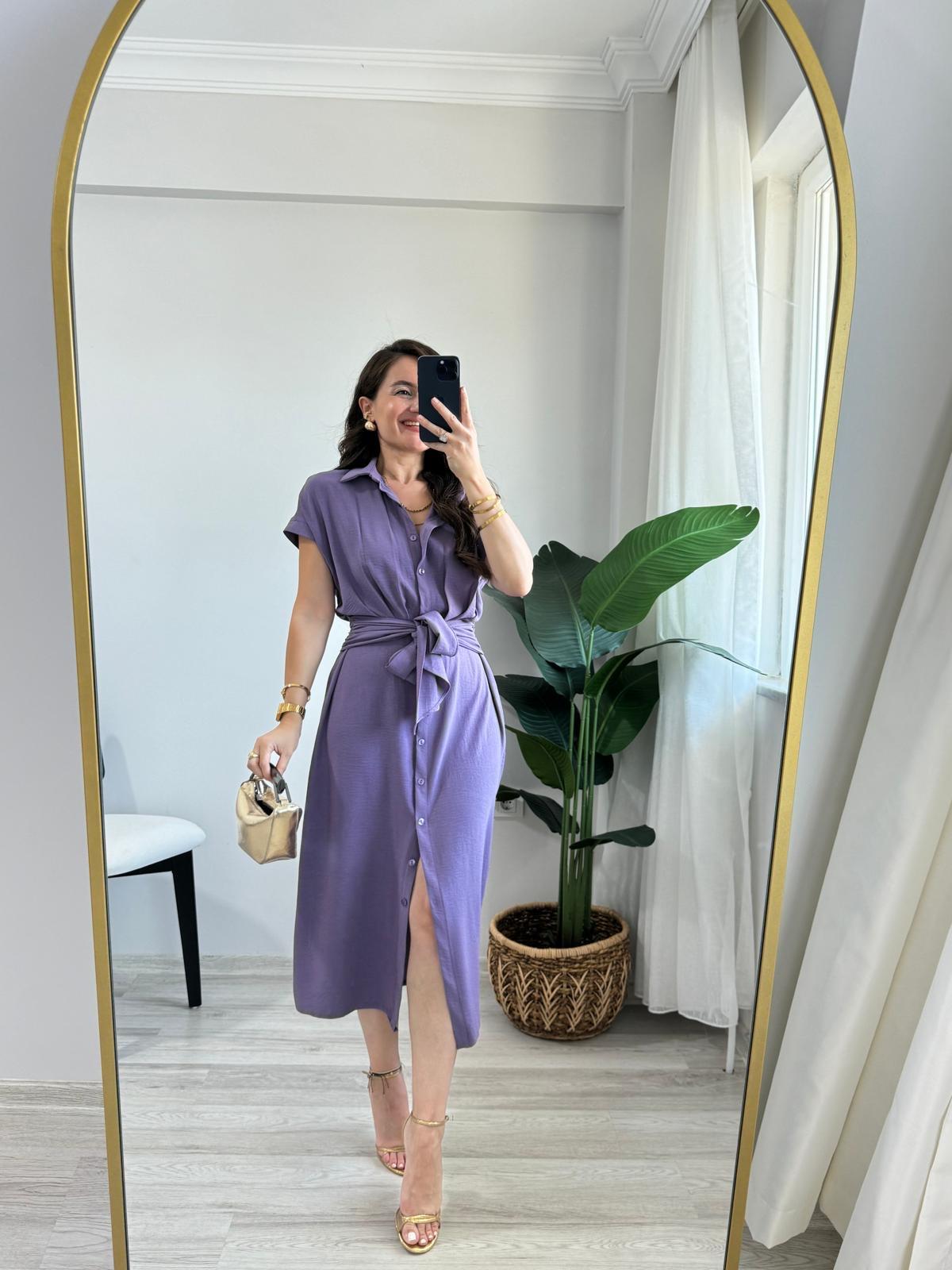 Mor Beli Kendinden Kuşaklı Düğmeli Gömlek Elbise 0205