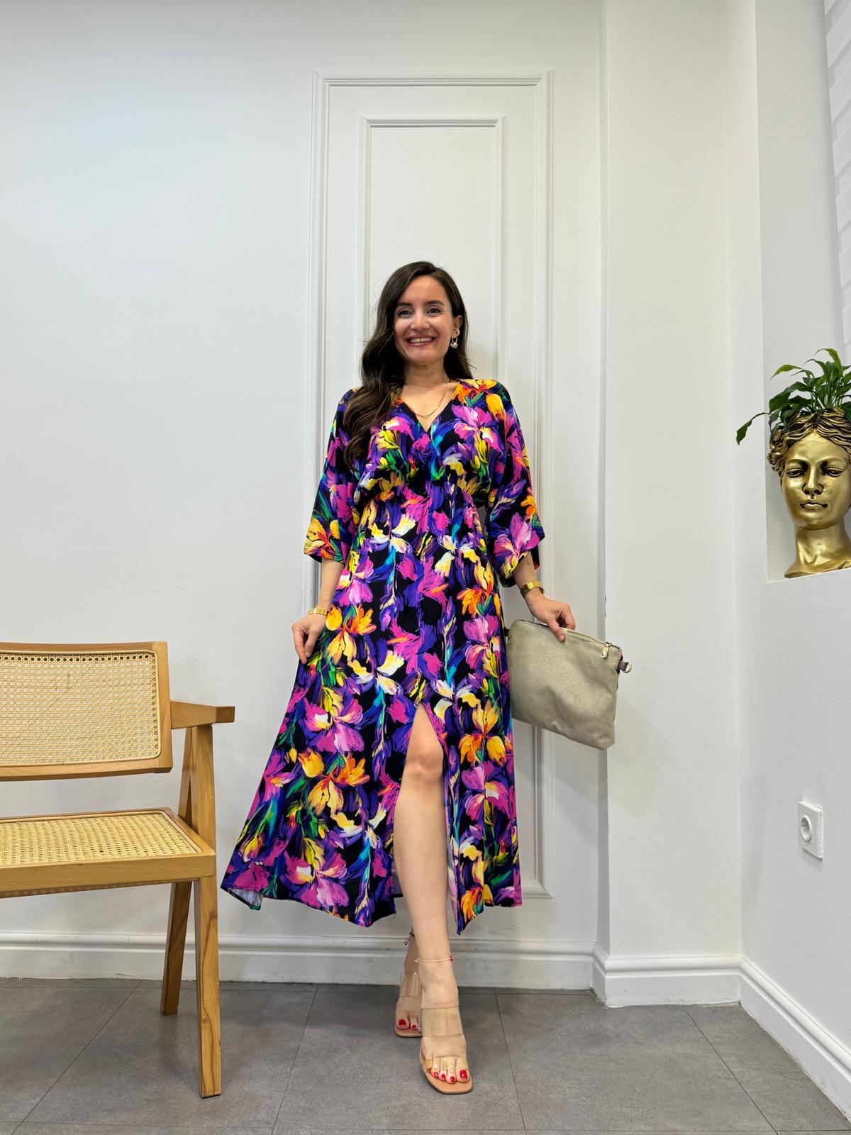 Mor Desenli Bel Lastikli Yırtmaç Detaylı Elbise 3003