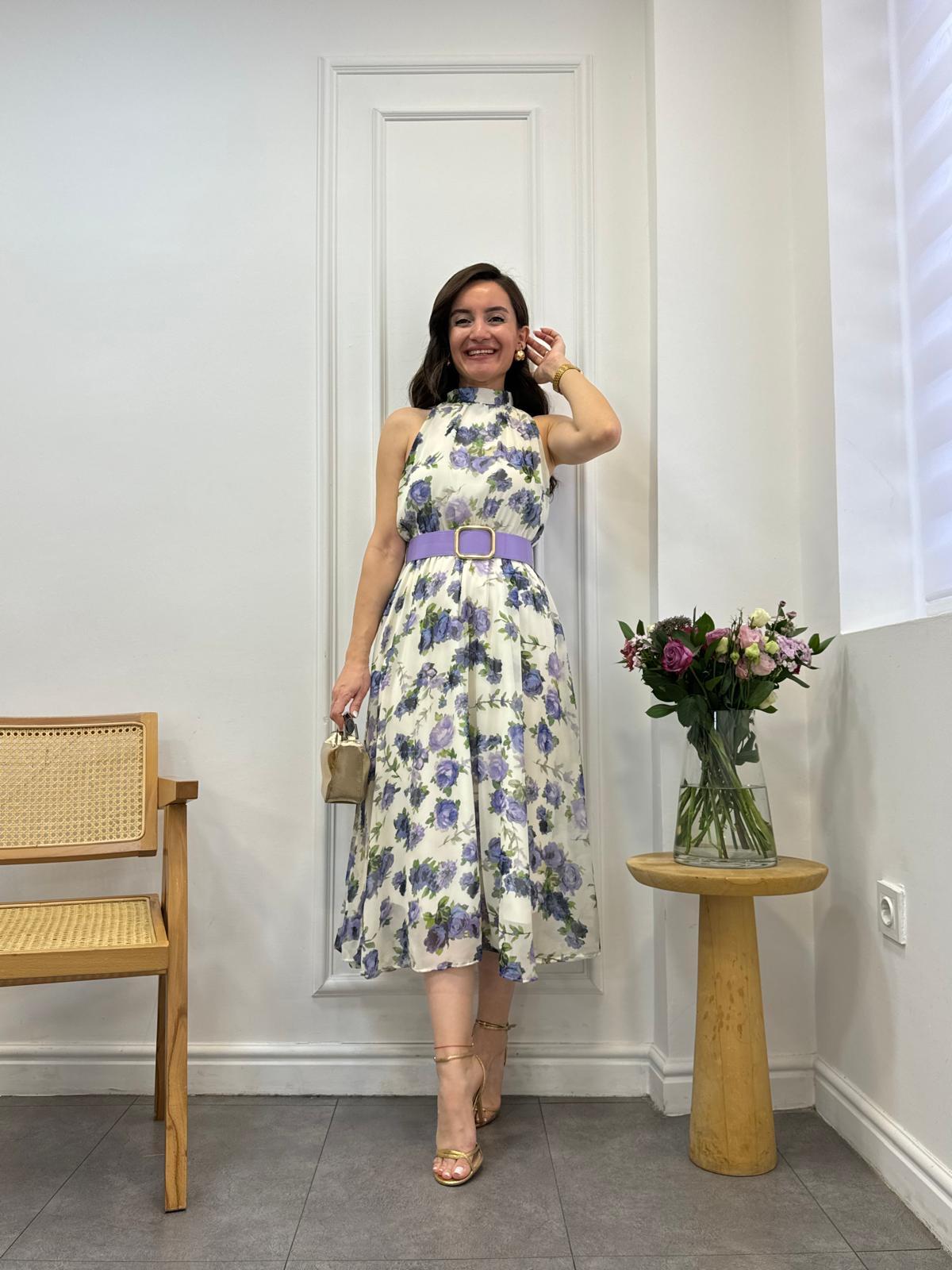 Mor Halter Yaka Bel Lastikli Kemerli Elbise 3432