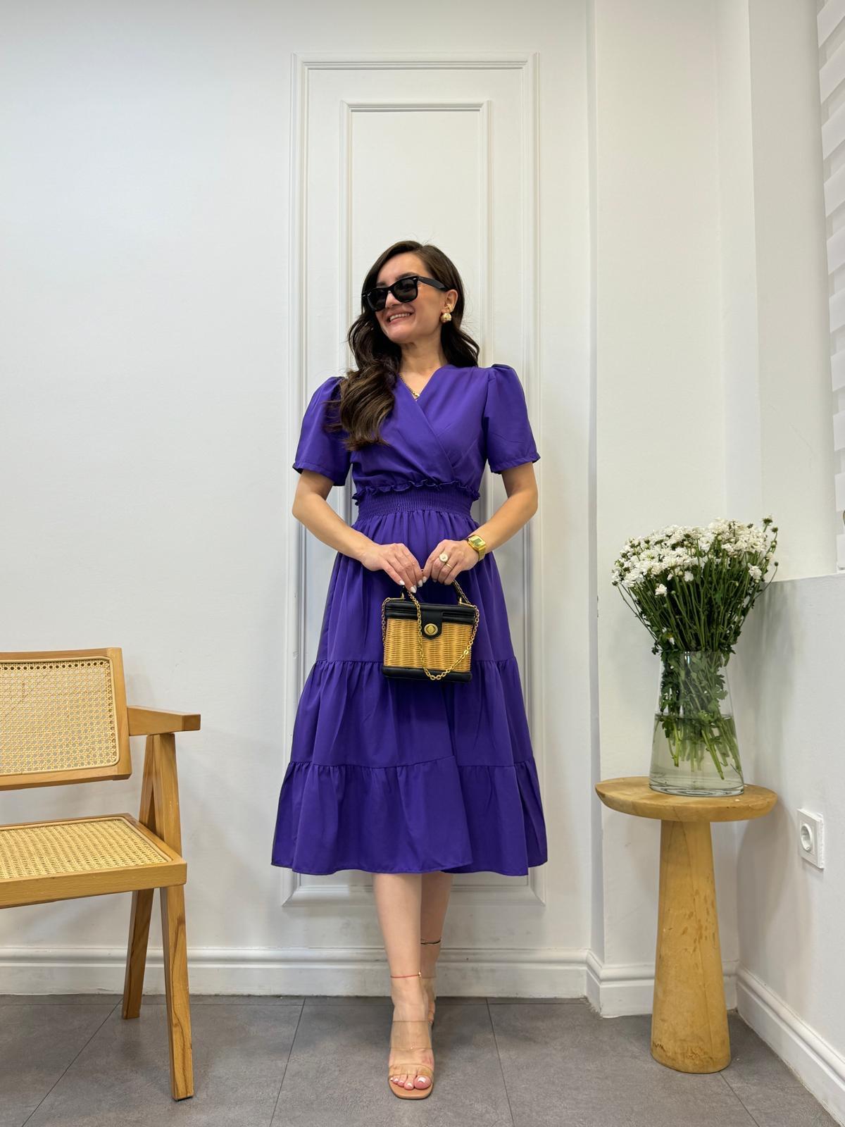 Mor Kruvaze Yaka Bel Gipe Detaylı Elbise 1063