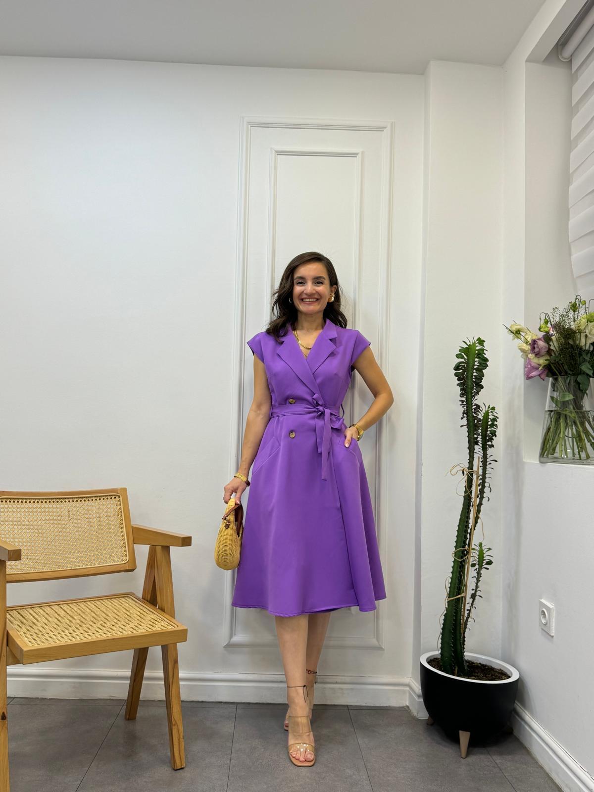 Mor Kruvaze Yaka Düğme Detaylı Ceket Elbise 4078