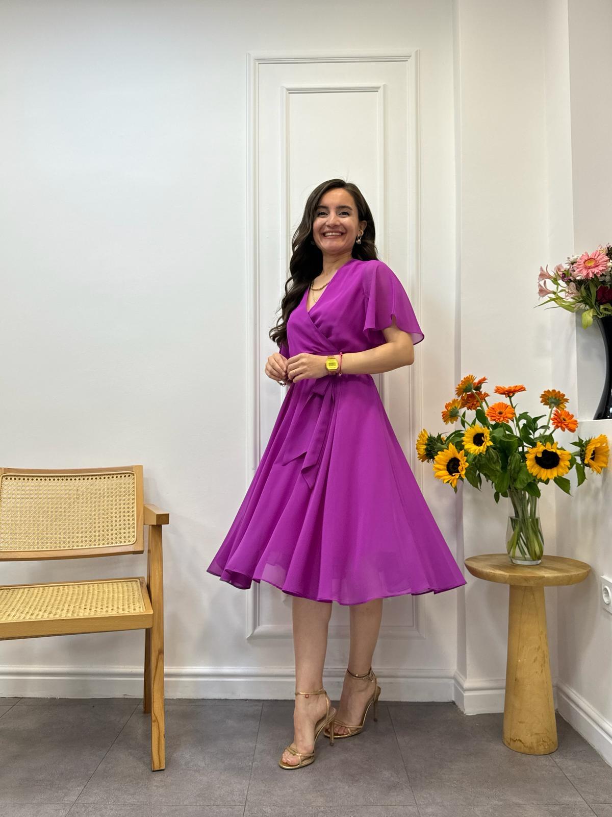 Mor Kruvaze Yaka Volan Kol Elbise 5414