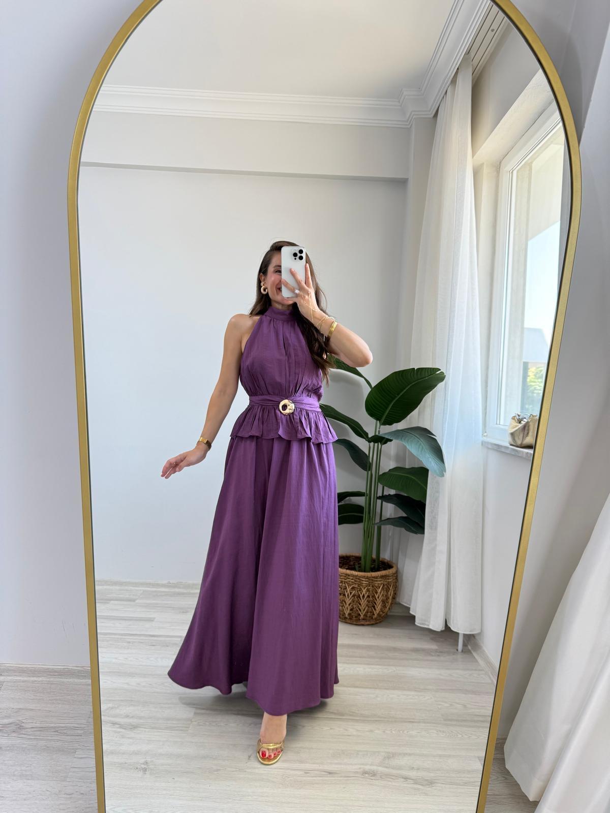 Mor Ön Toka Detaylı Halter Yaka Bluz Etek Takım 906234