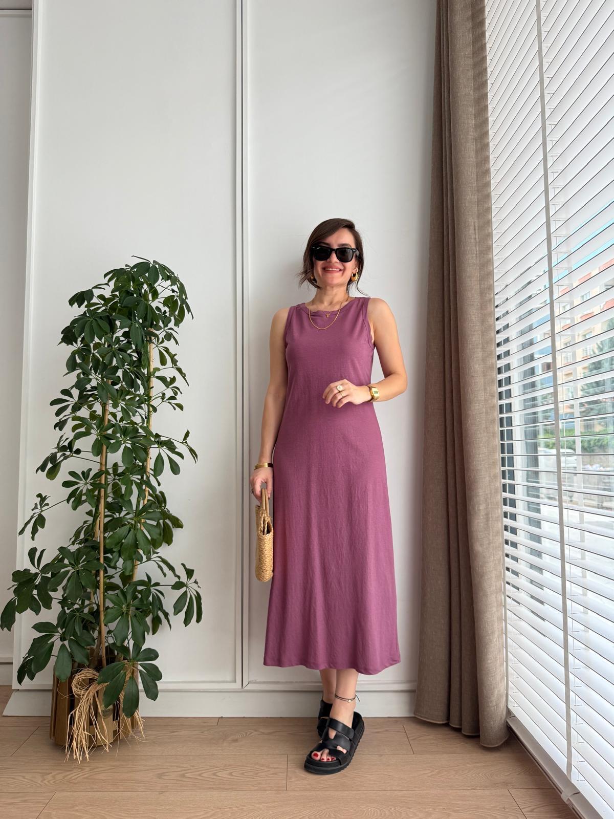 Mor Sıfır Kol Midi Boy Kloş Elbise 25605