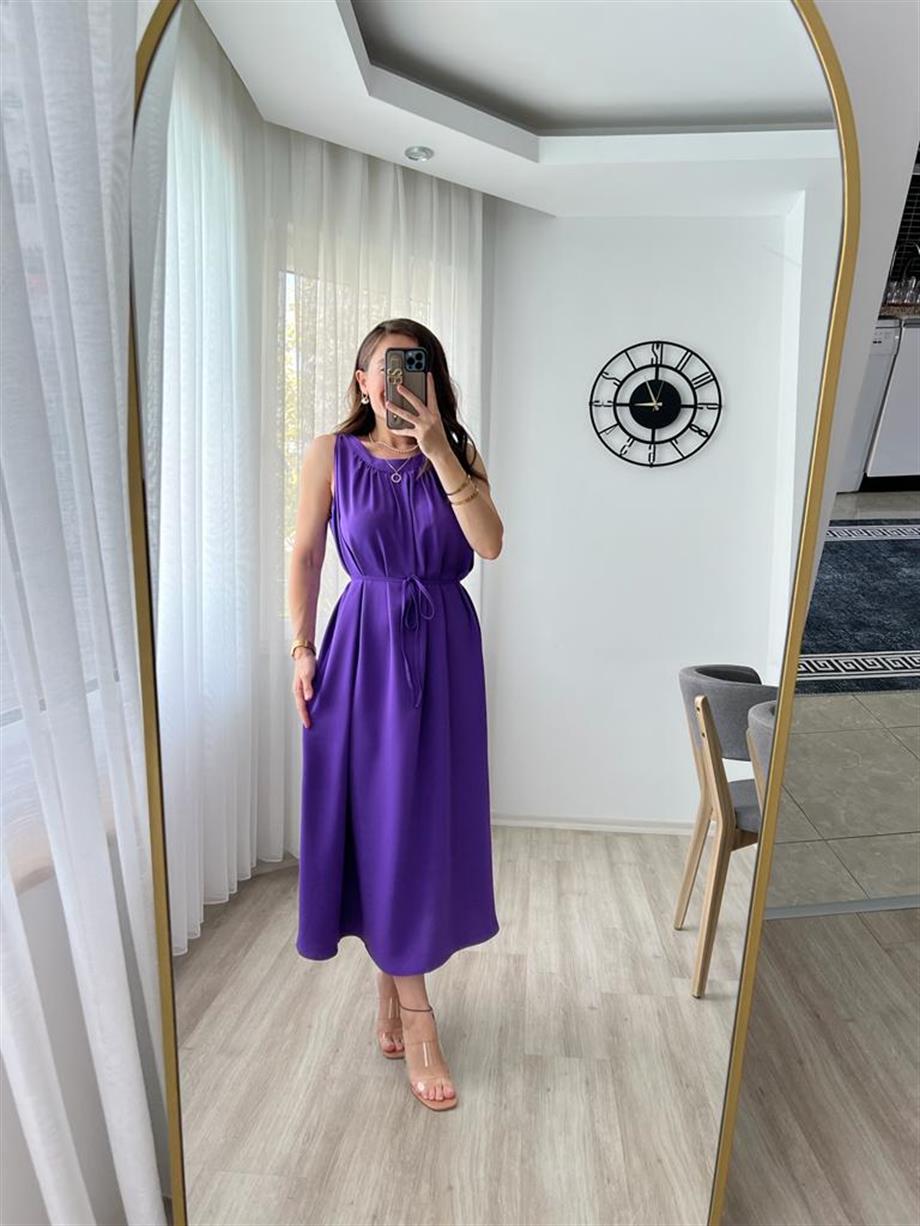 Mor Sıfır Kol Yanları Yırtmaçlı Salaş Elbise 1402