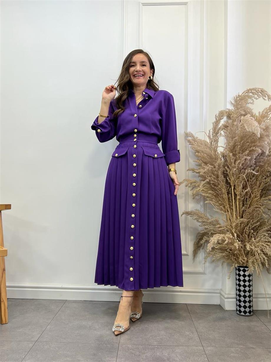 Mor Vatkalı Piliseli Tasarım Midi Boy Gömlek Elbise 296113