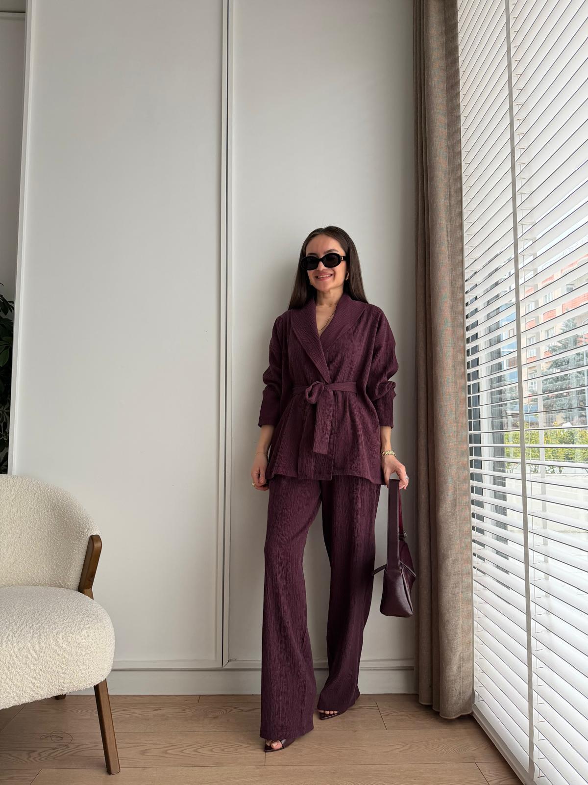 Mürdüm Bürümcük Kuşaklı Kimono Takım 51277